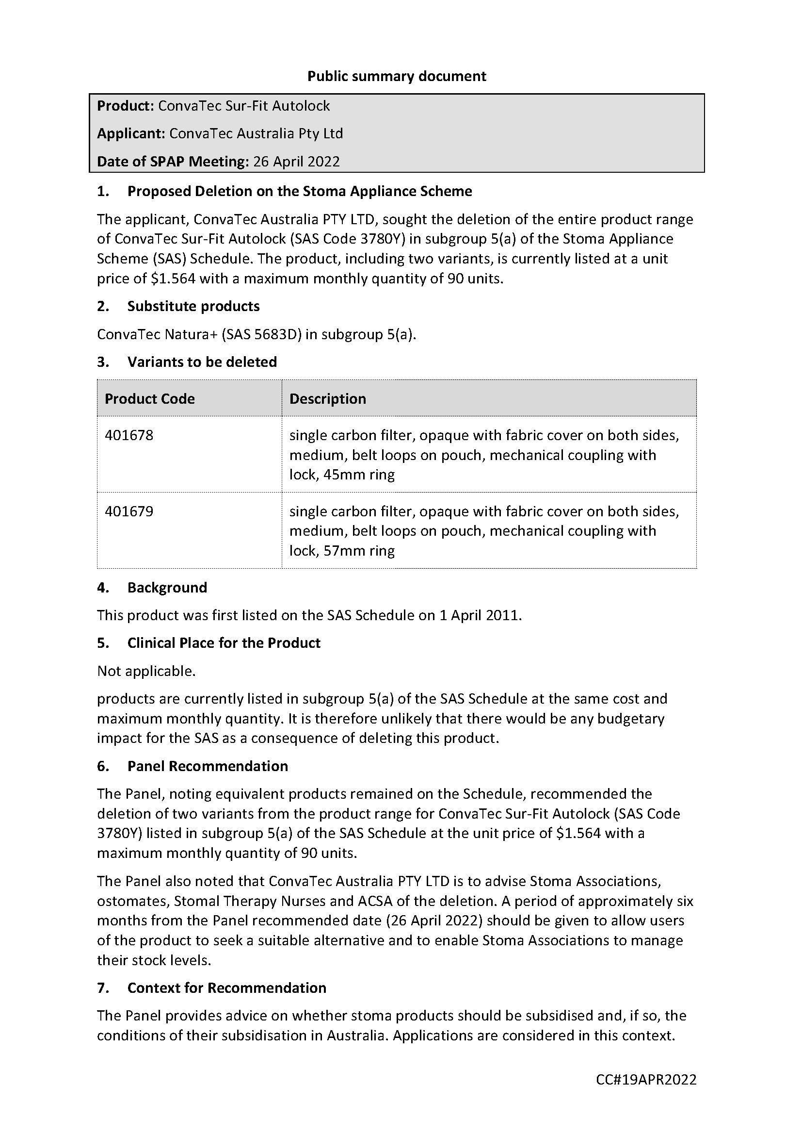 SPAP public summary document – April 2022 – ConvaTec Sur-Fit Autolock  – SAS Code 3780Y