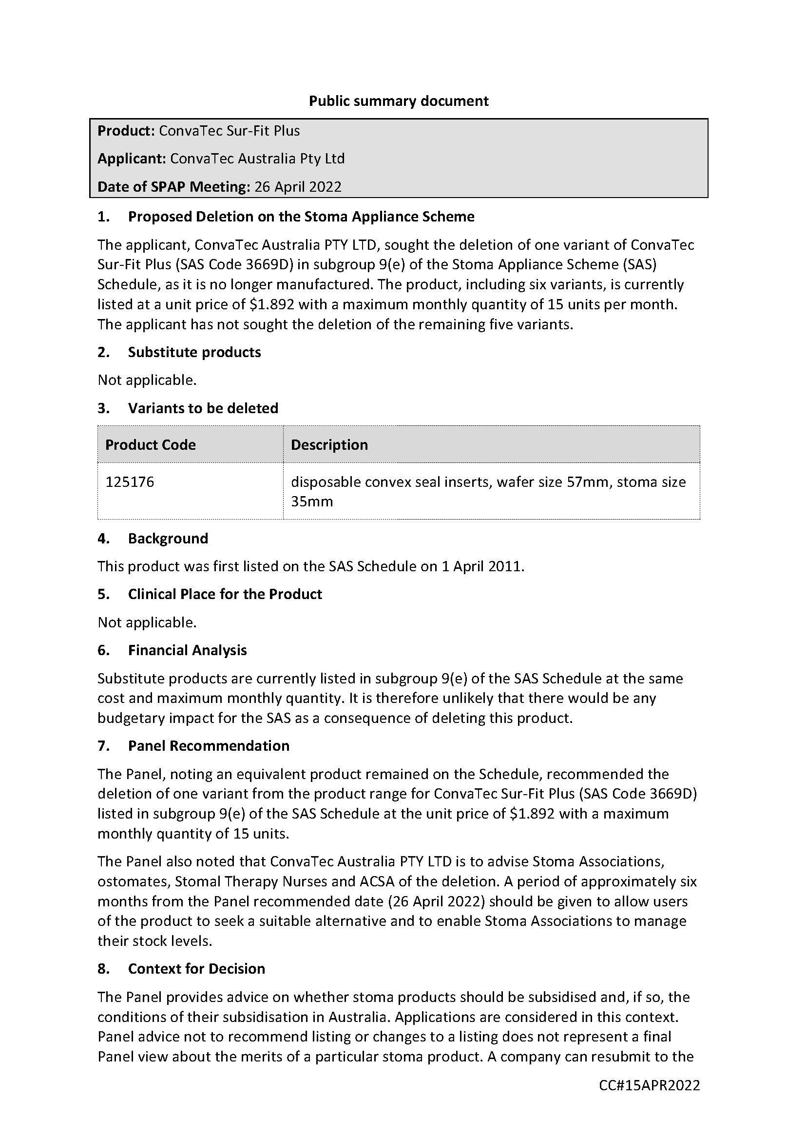 SPAP public summary document – April 2022 – ConvaTec Sur-Fit Plus – SAS Code 3669D