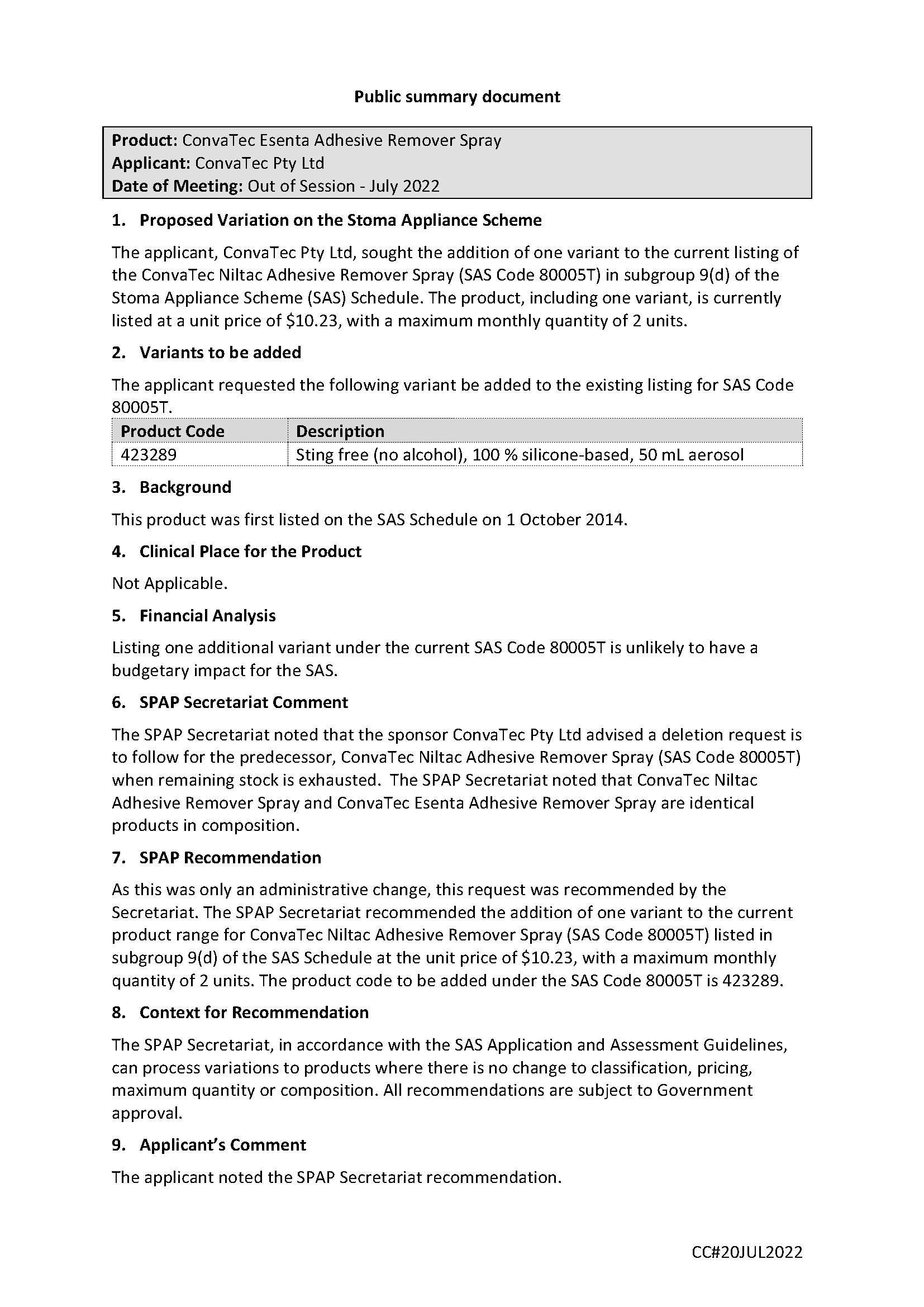 SPAP public summary document - Out of Session July 2022 - ConvaTec Esenta Adhesive Remover Spray - SAS 80005T