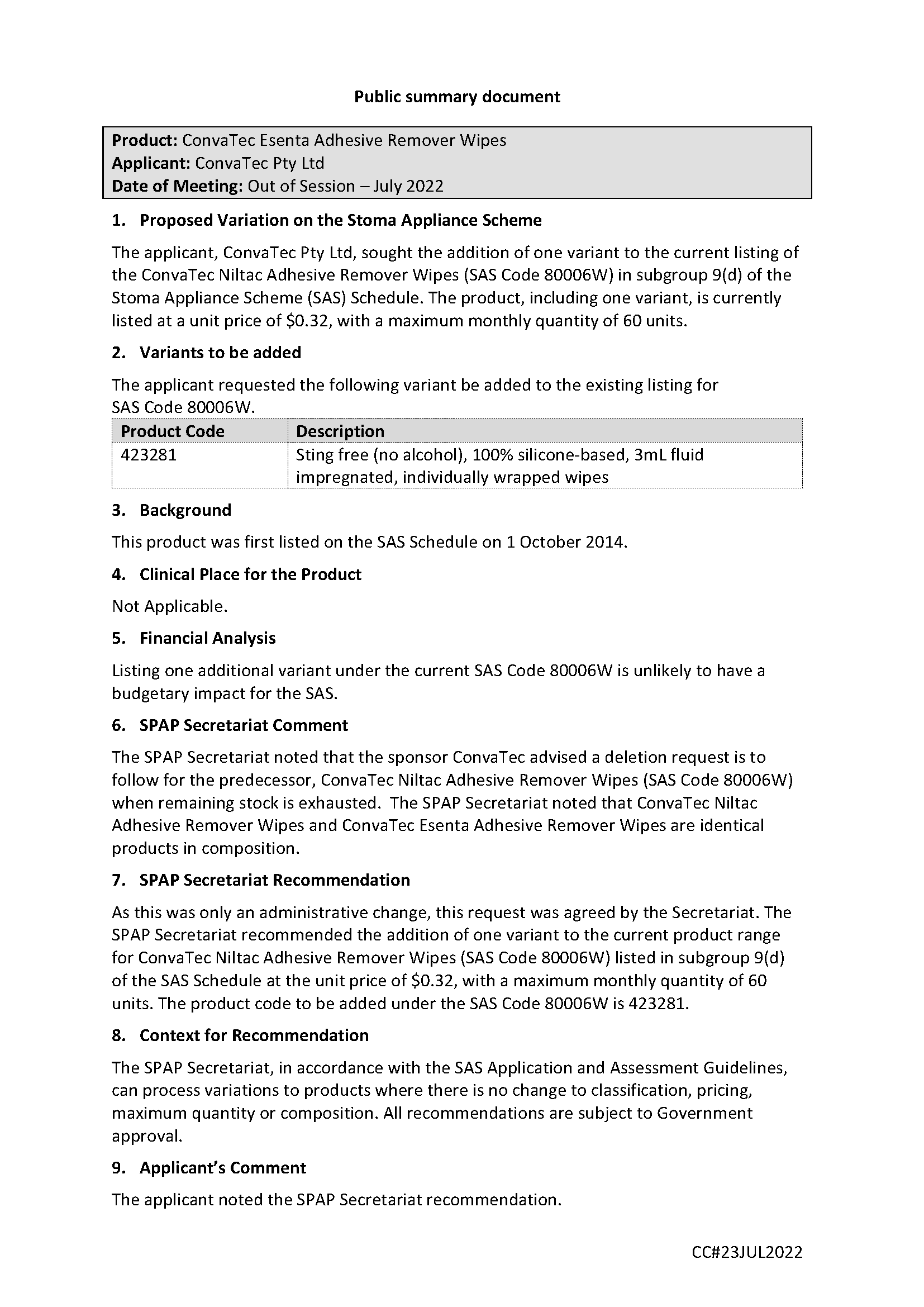 SPAP public summary document - Out of Session July 2022 - ConvaTec Esenta Adhesive Remover Wipe - SAS 80006W