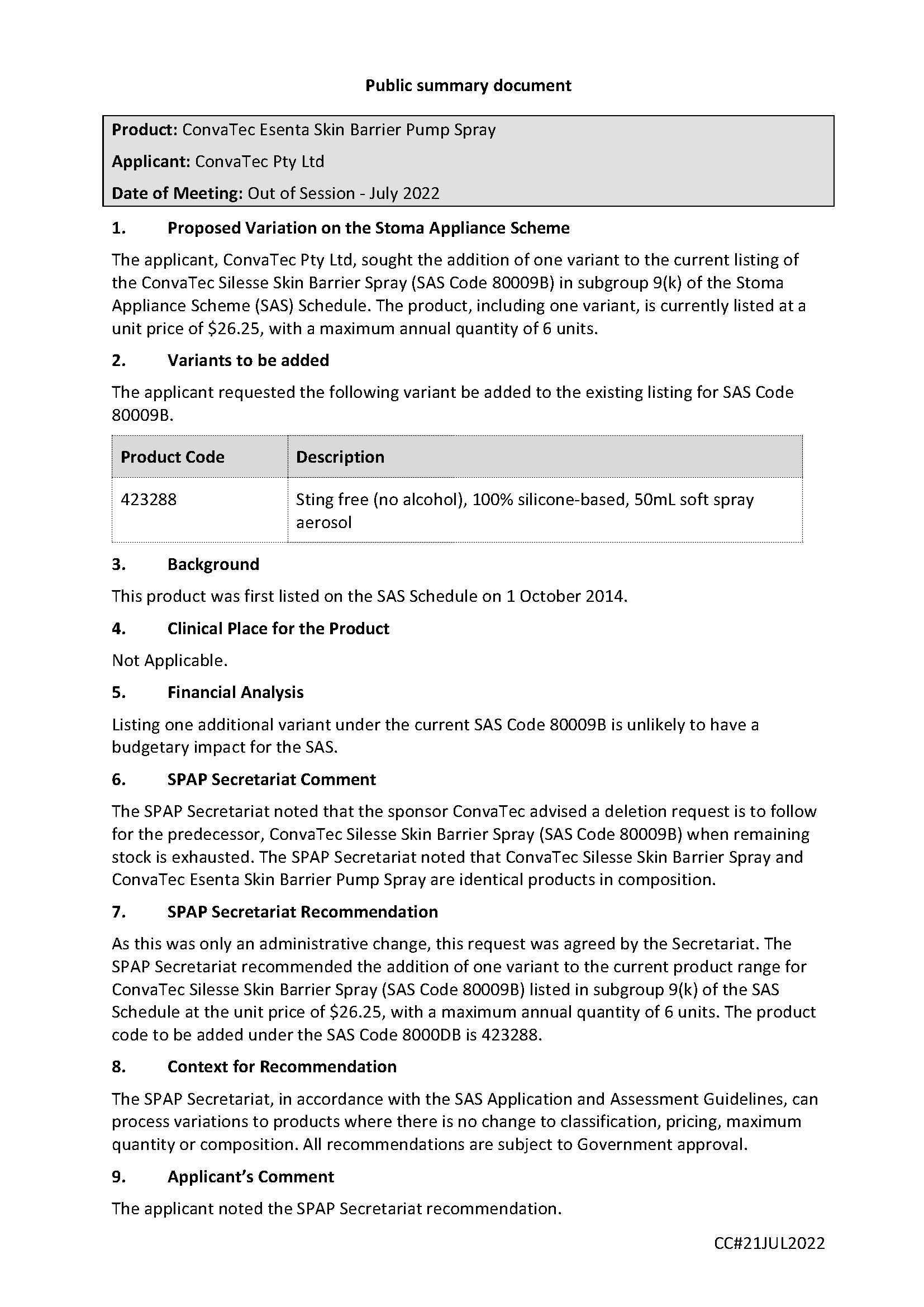 SPAP public summary document - Out of Session July 2022 - ConvaTec Esenta Skin Barrier Pump Spray 50mL - SAS 80009B