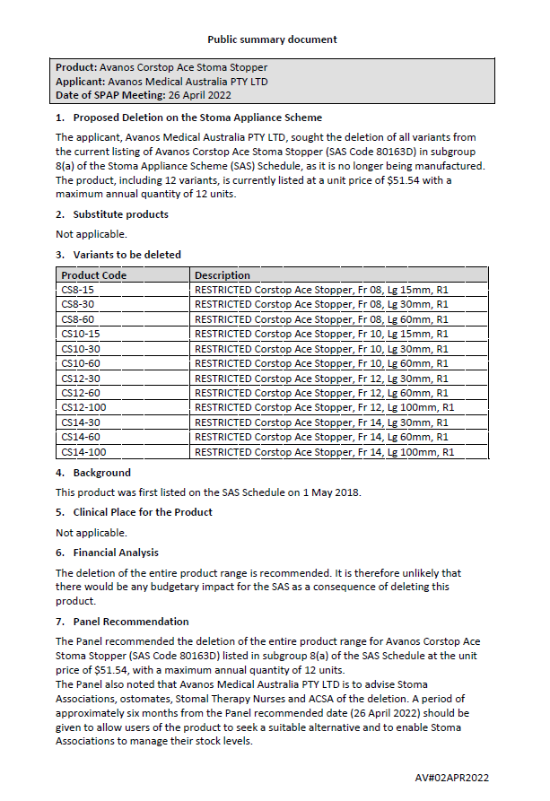SPAP public summary documents – April 2022 – Avanos Corstop Ace Stoma Stopper (SAS code 80163D)