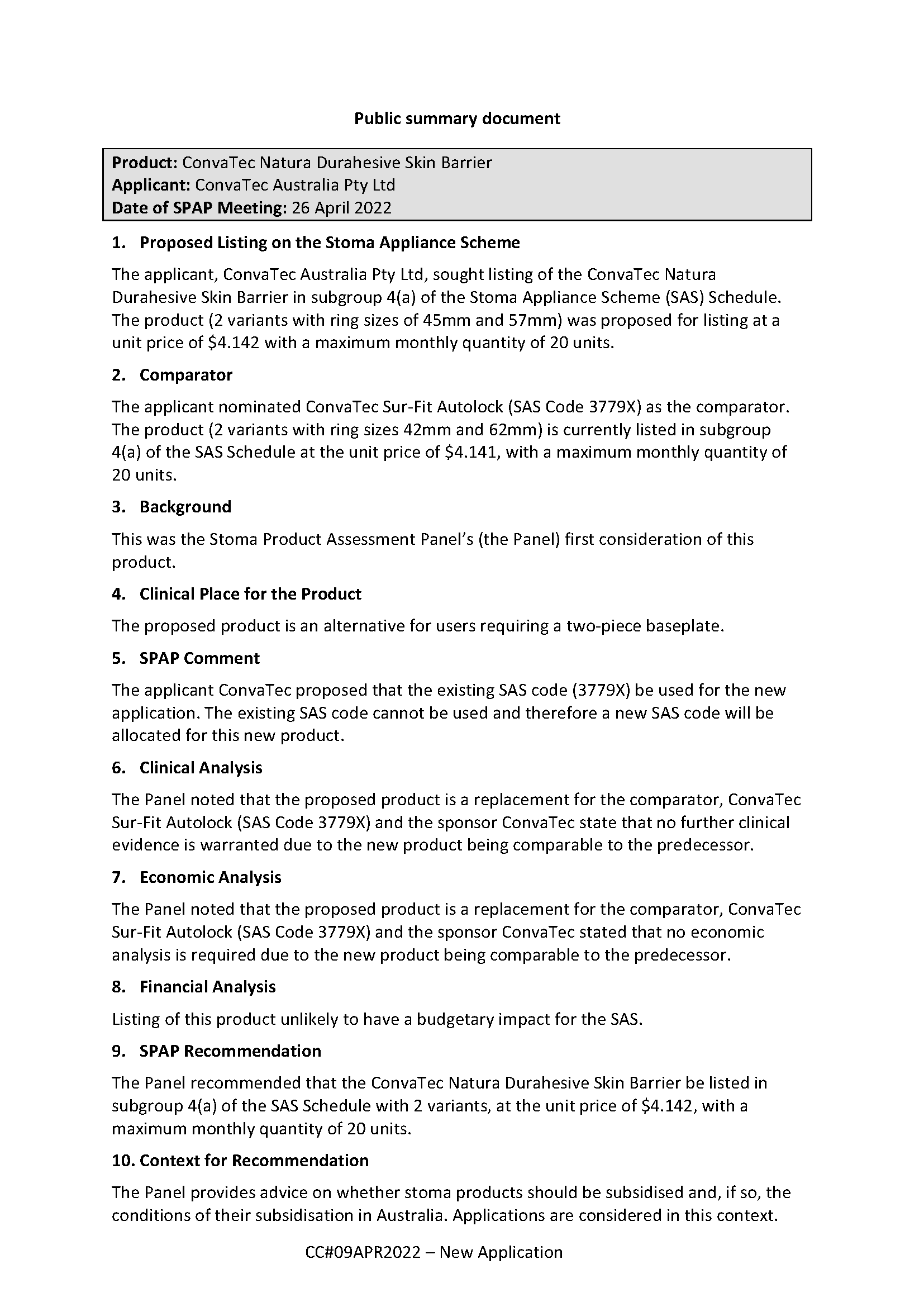 SPAP public summary document – April 2022 – ConvaTec Natura Durahesive Skin Barrier.