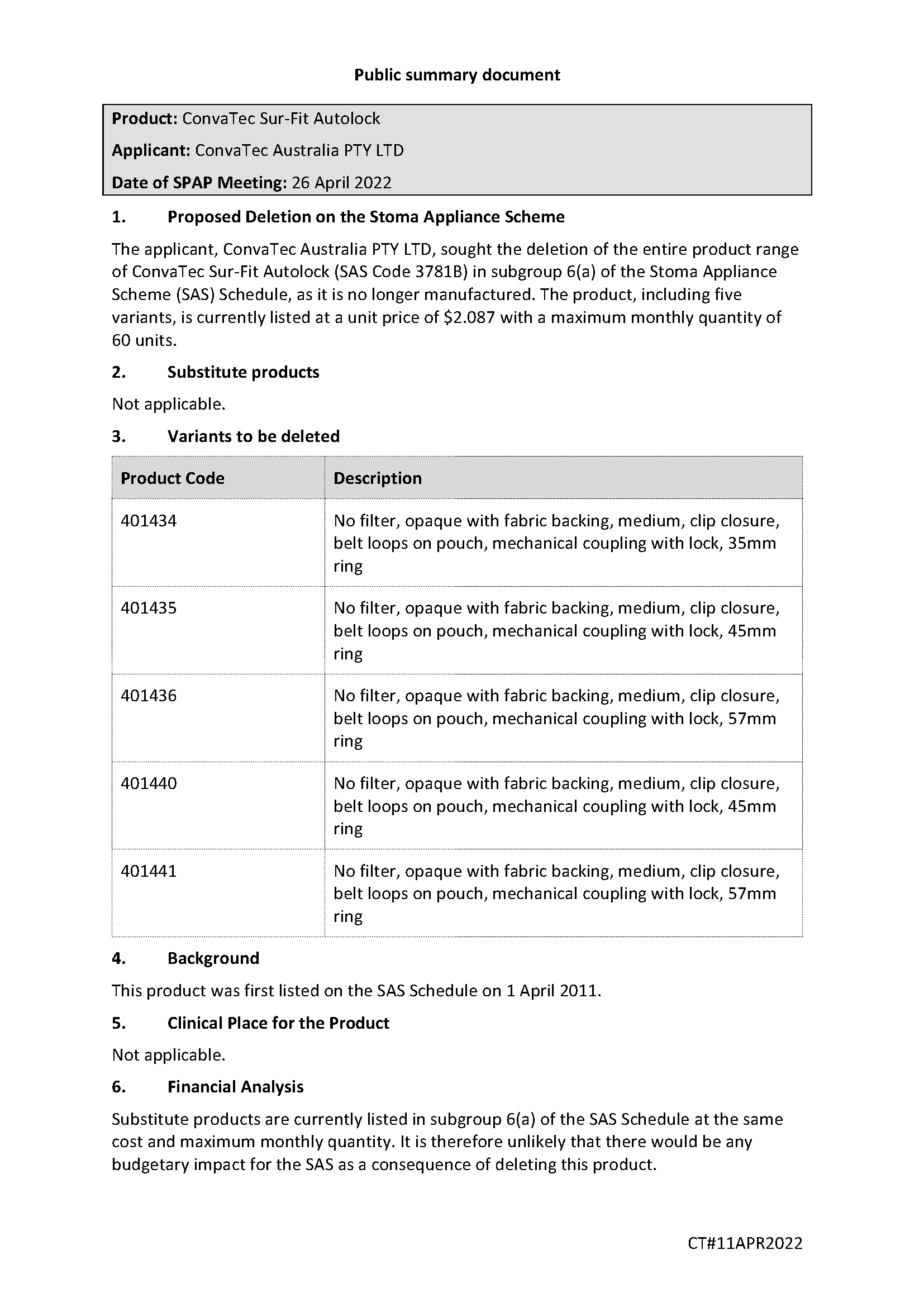  SPAP public summary document – April 2022 – ConvaTec Sur-Fit Autolock – SAS Code 3781B