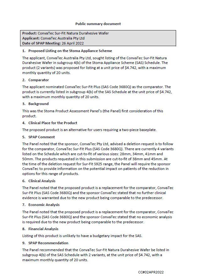 SPAP public summary documents – April 2022 –  ConvaTec Sur-Fit Natura Durahesive Wafer (SAS Code 3680Q)