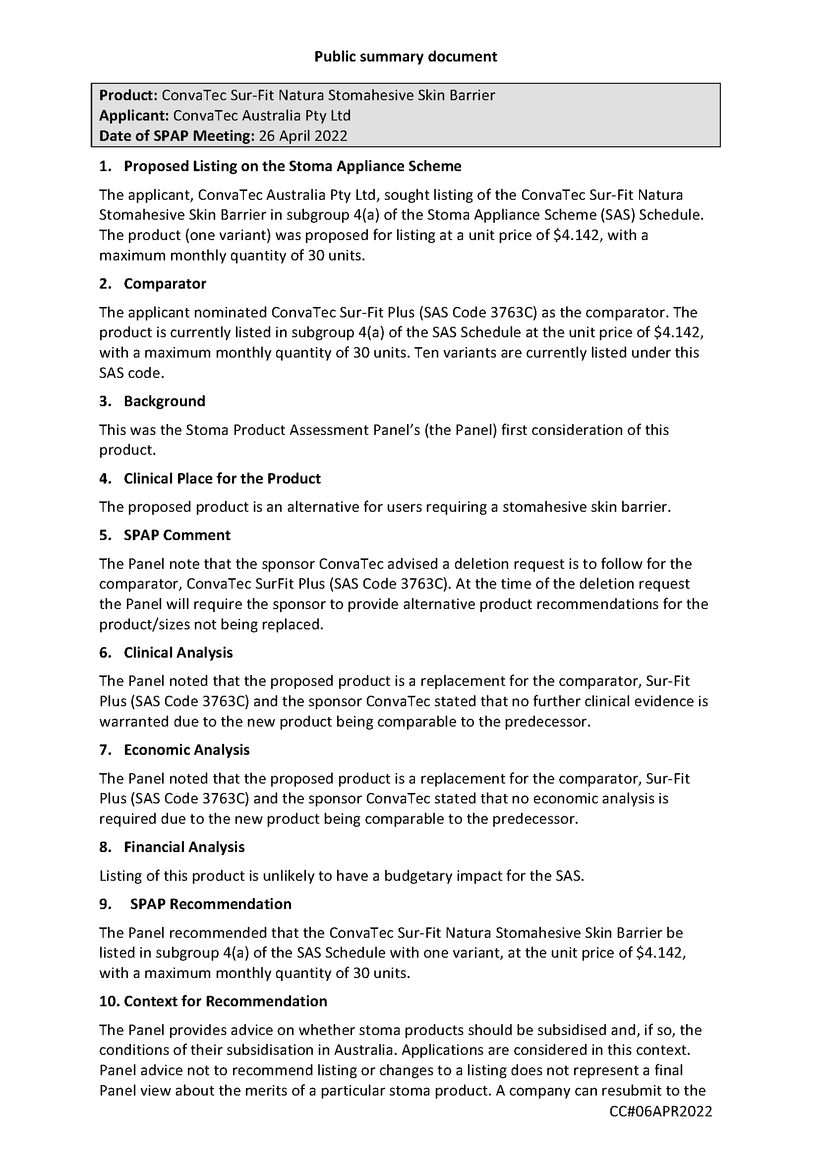 SPAP public summary document – April 2022 – ConvaTec Sur-Fit Natura Stomahesive Skin Barrier.