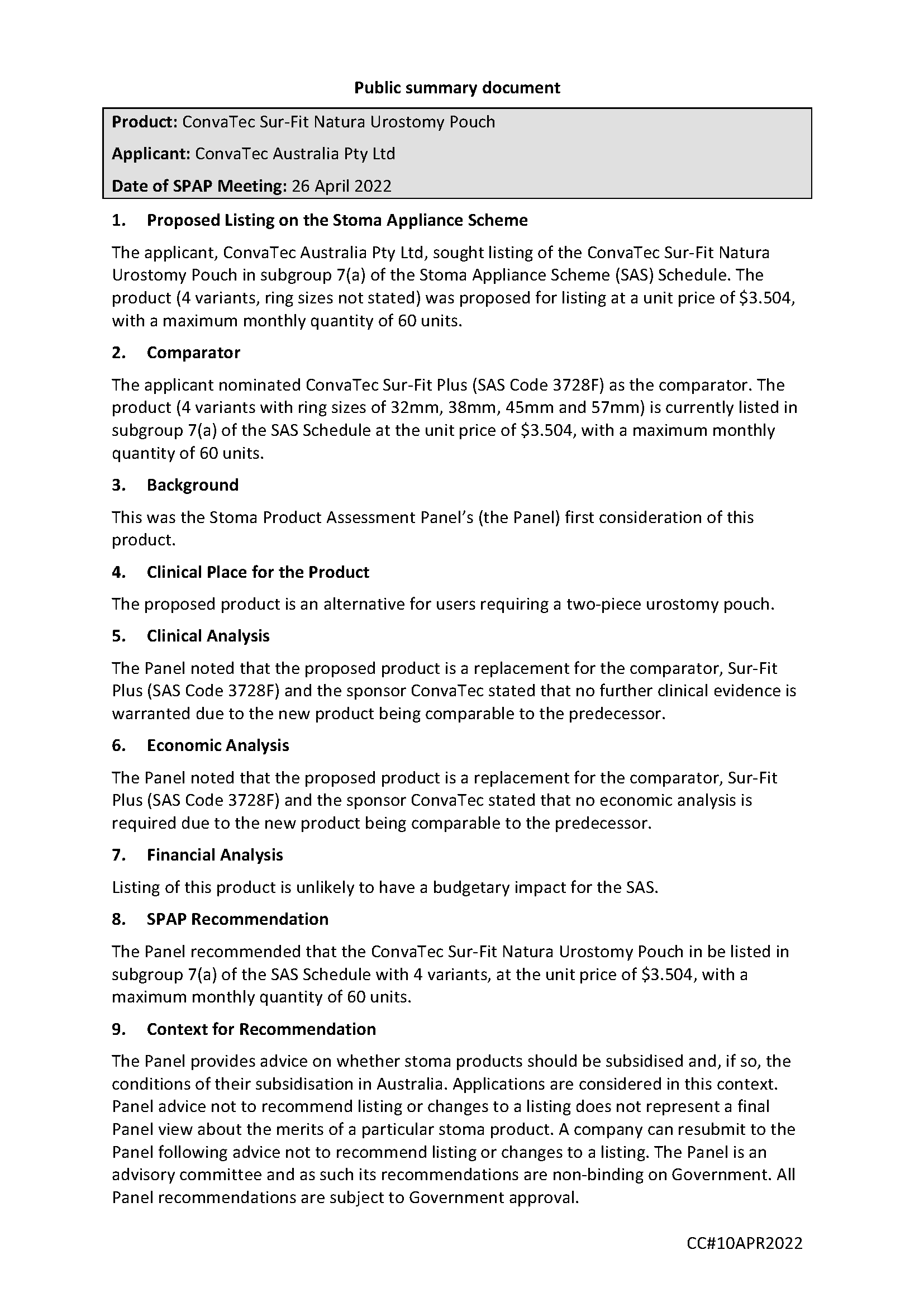 SPAP public summary document – April 2022 – ConvaTec Sur-Fit Natura Urostomy Pouch