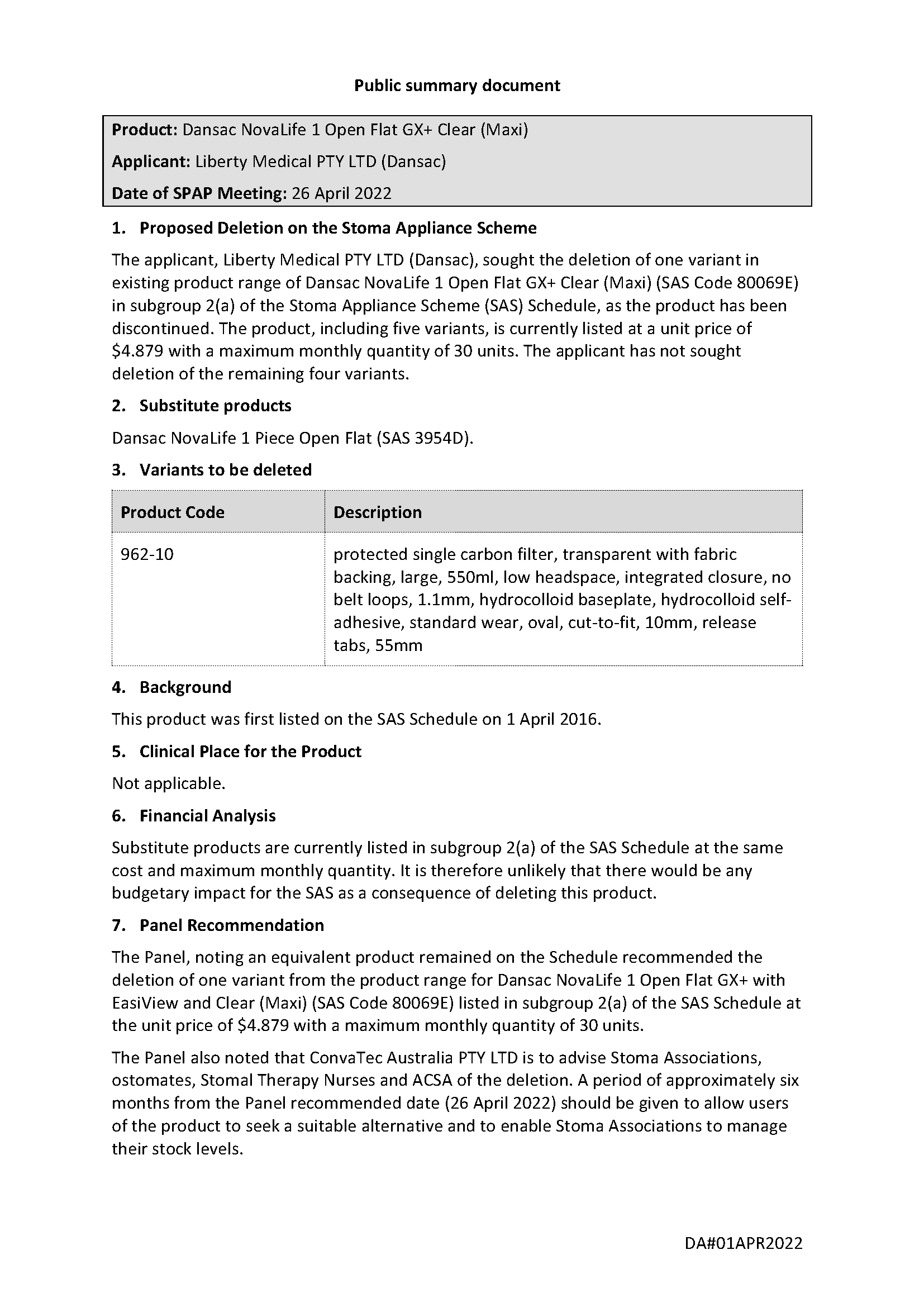 SPAP public summary document – April 2022 – Dansac NovaLife 1 Open Flat GX+ Clear (Maxi)  – SAS Code 80069E