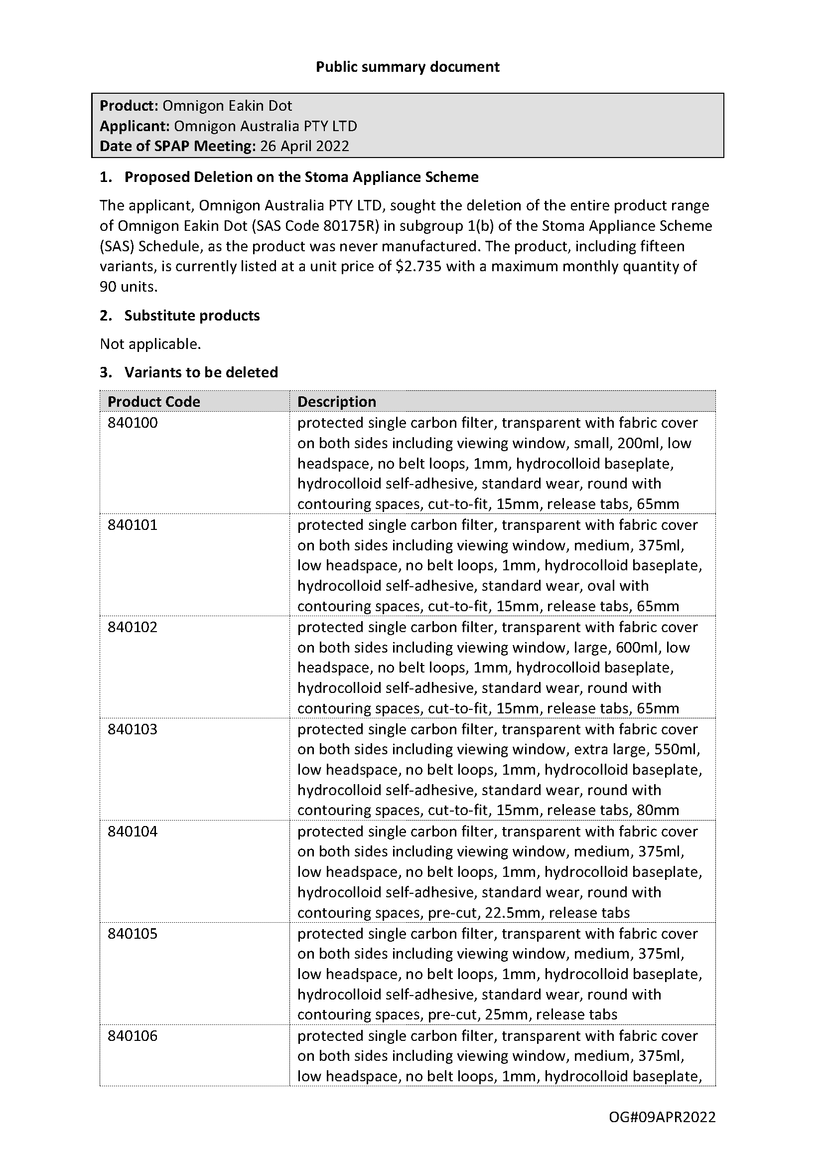 SPAP public summary document – April 2022 – Omnigon Eakin Dot  – SAS Code 80175R.