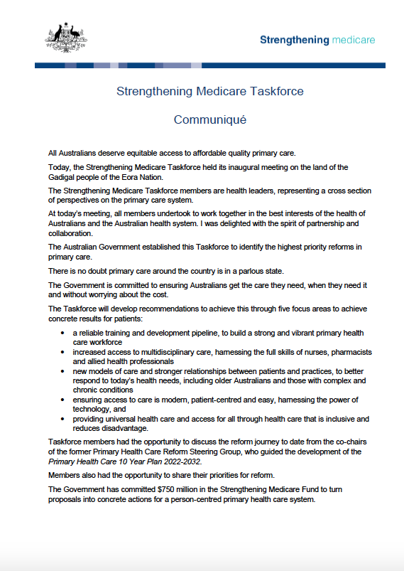 Cover image for Strengthening Medicare Taskforce communique – 29 July 2022
