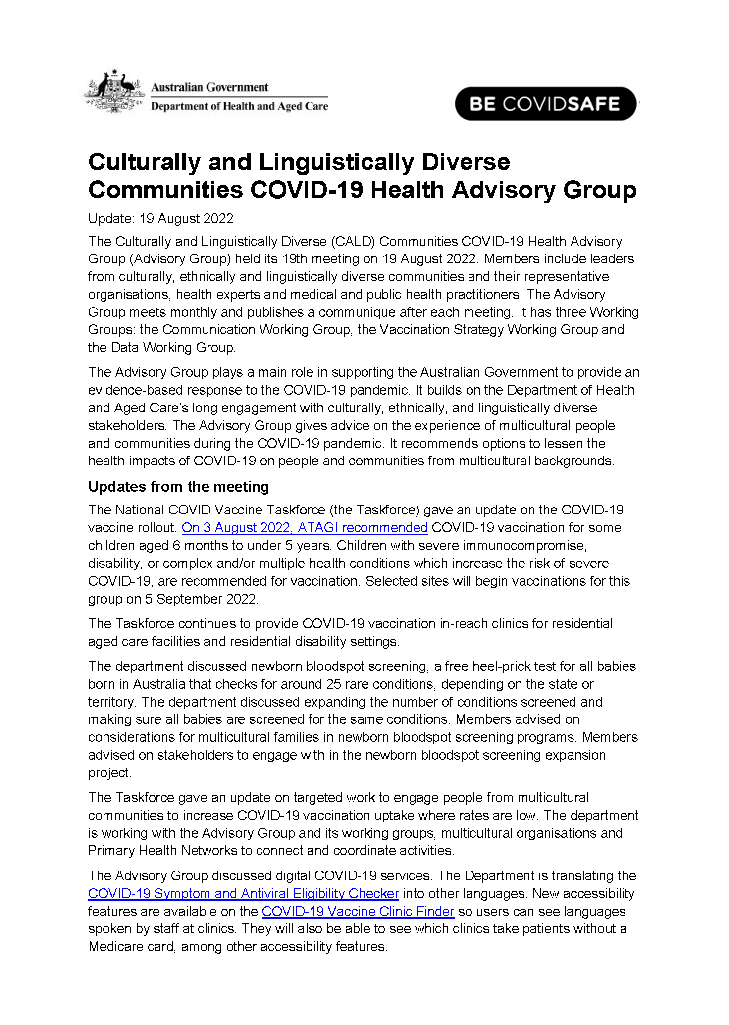 CALD COVID-19 Advisory Group communique -–19 August 2022