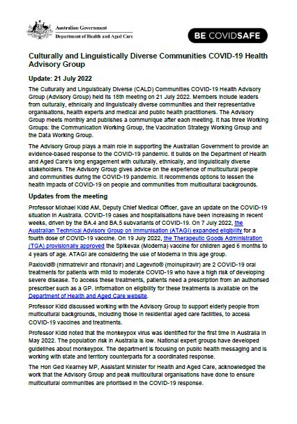 CALD COVID-19 Advisory Group communique – 21 July 2022