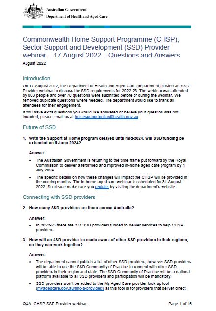 CHSP sector support and development (SSD) provider webinar – 17 August 2022 – questions and answers