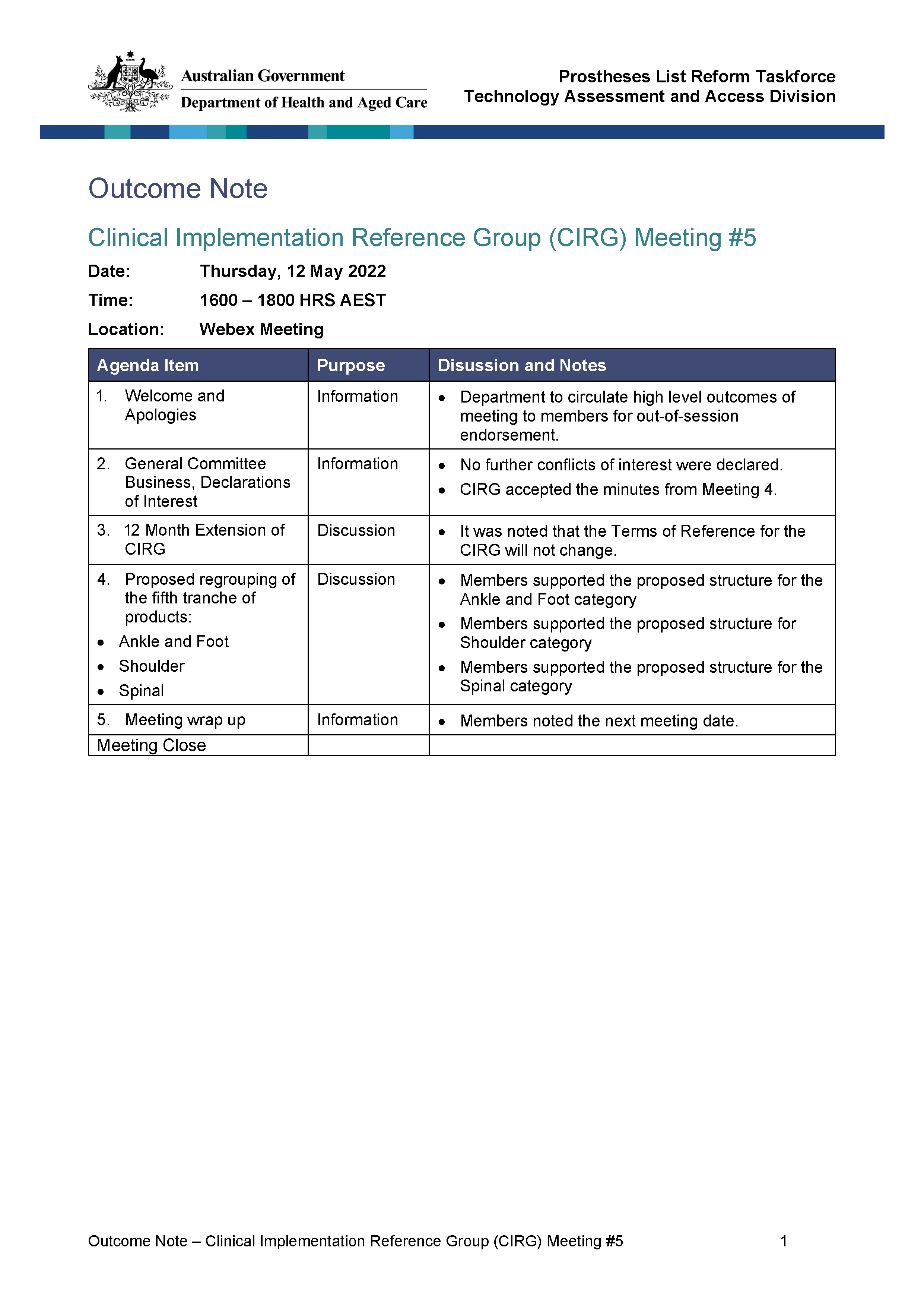 Clinical Implementation Reference Group (CIRG) Meeting #5 outcome notes