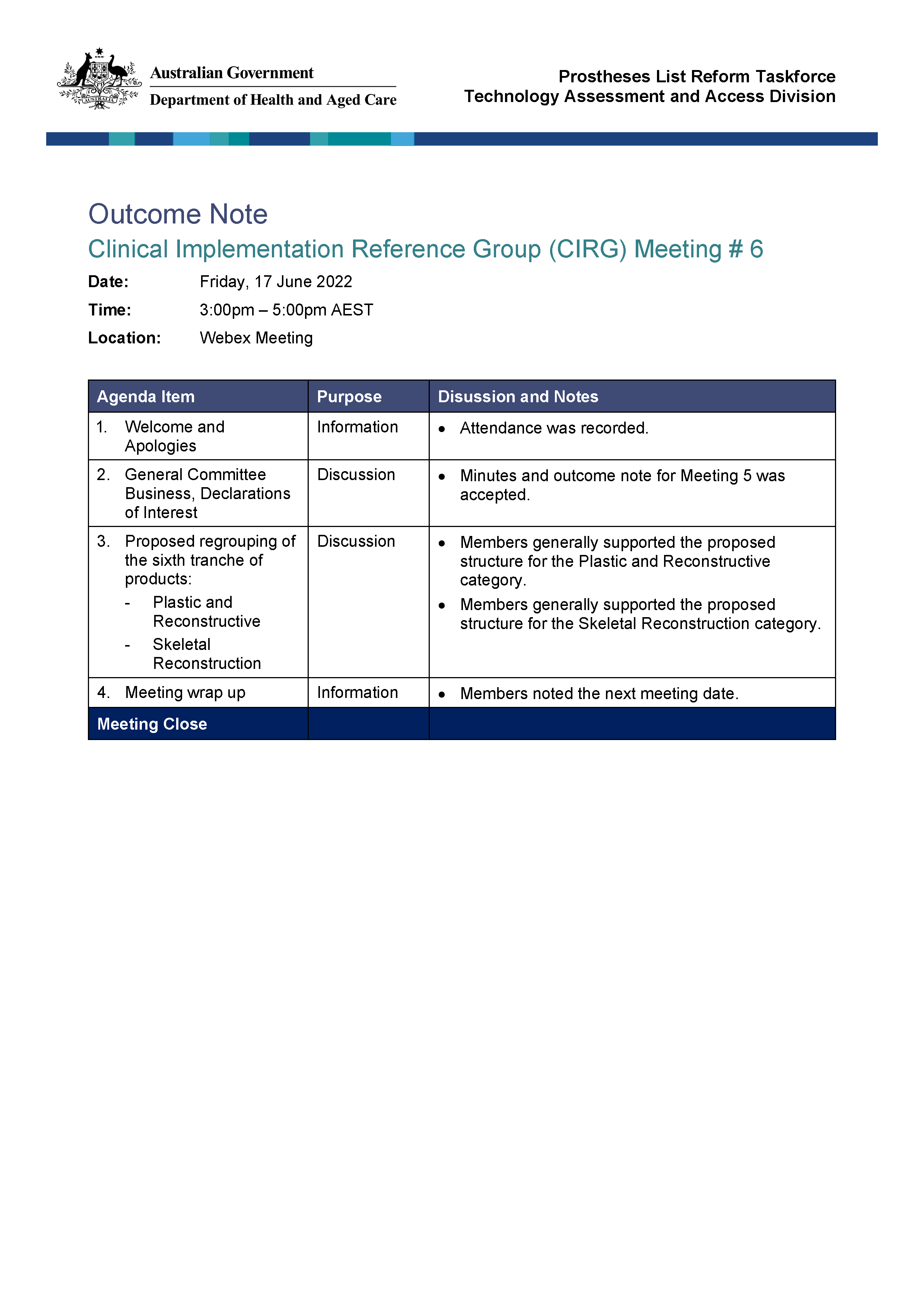CIRG outcome note – 17 June 2022