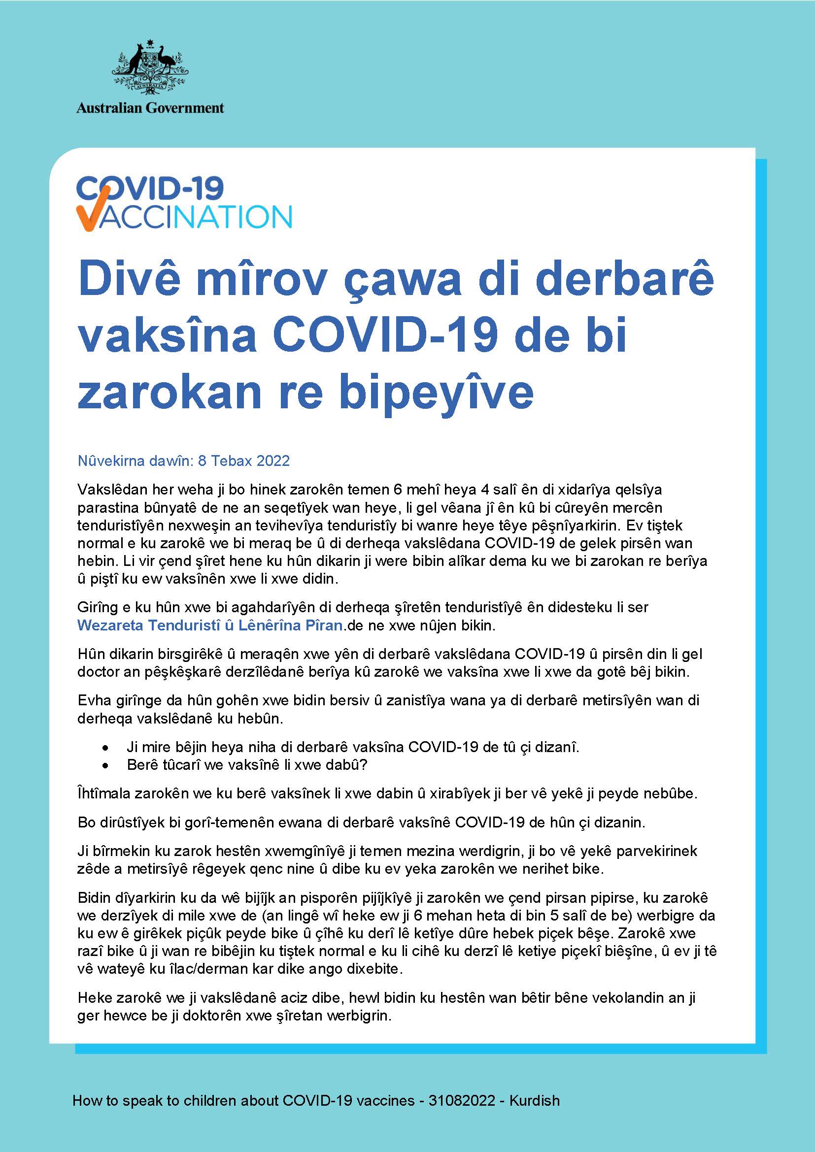 Divê mîrov çawa di derbarê vaksîna COVID-19 de bi zarokan re bipeyîve