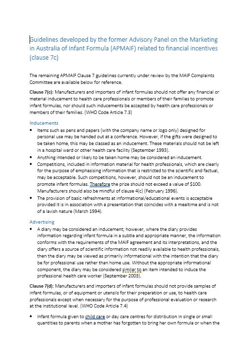 Cover image for Guidelines developed by the former Advisory Panel on the Marketing in Australia of Infant Formula related to financial incentives (clause 7c)