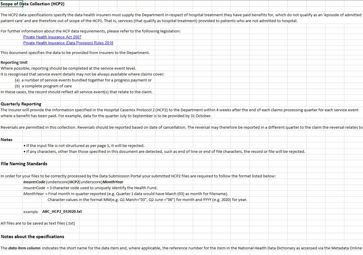 HCP data specifications – HCP2 – Insurer to department – 2021–22