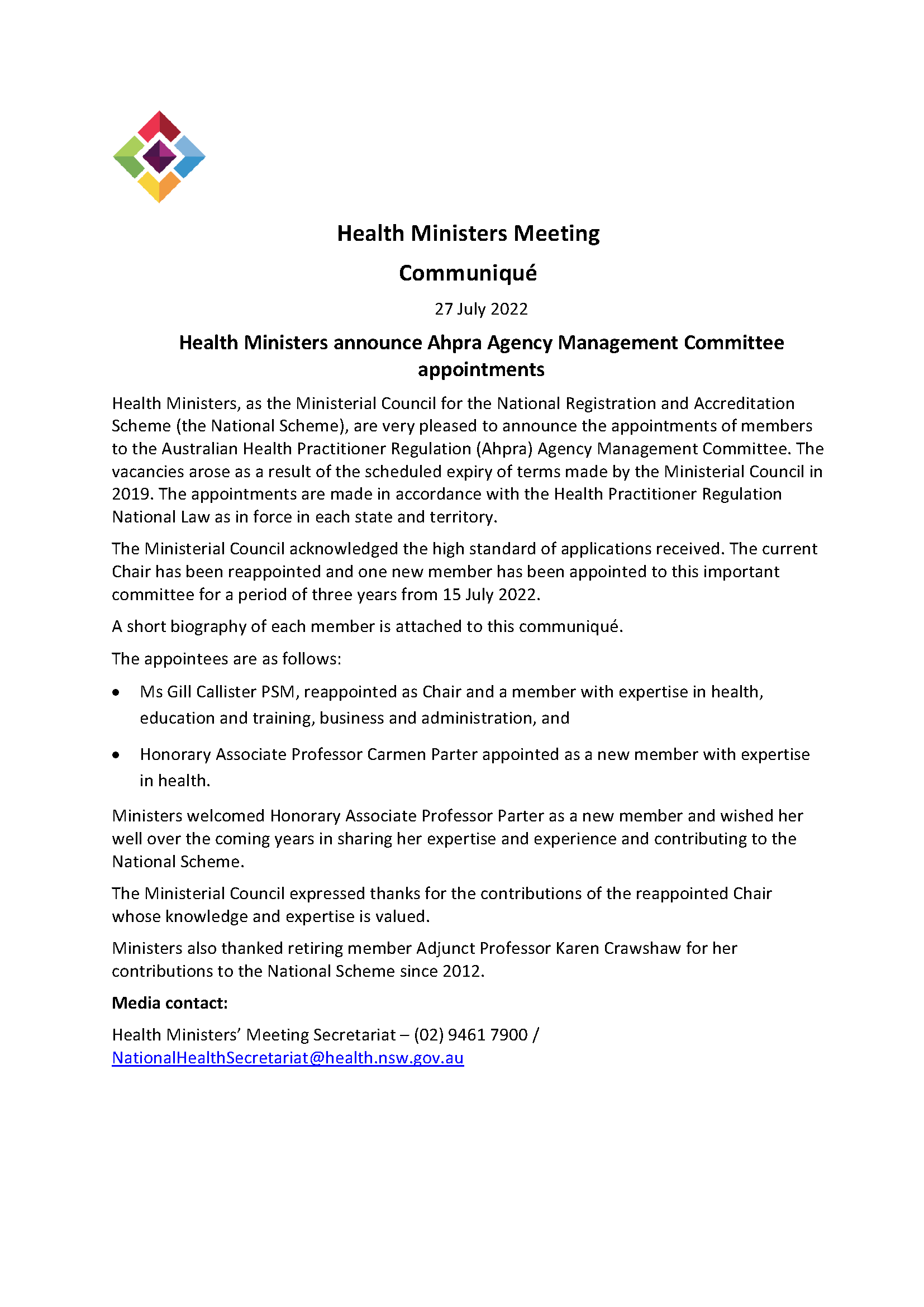 Health Ministers announce Ahpra Agency Management Committee appointments