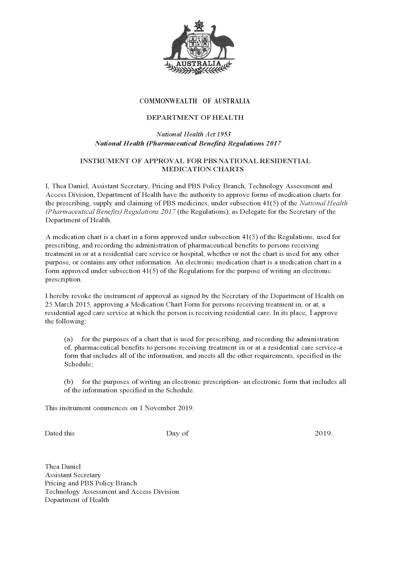 Instrument of approval for PBS National Residential Medication Charts