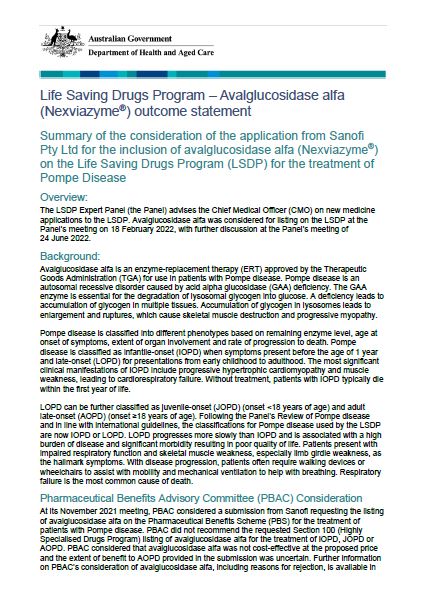 Life Saving Drugs Program – Avalglucosidase alfa (Nexviazyme®) outcome statement