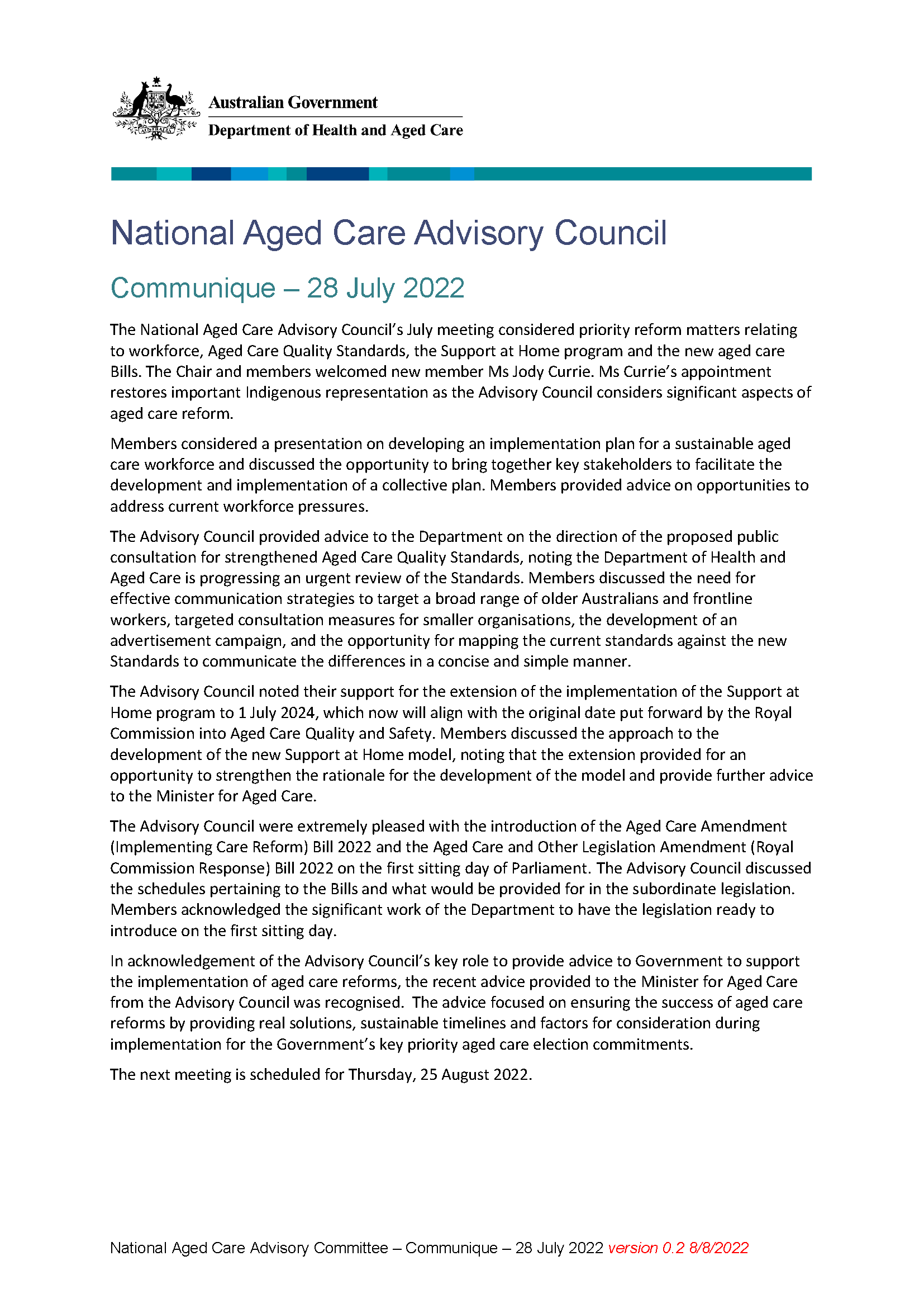National Aged Care Advisory Council communique – July 2022 cover