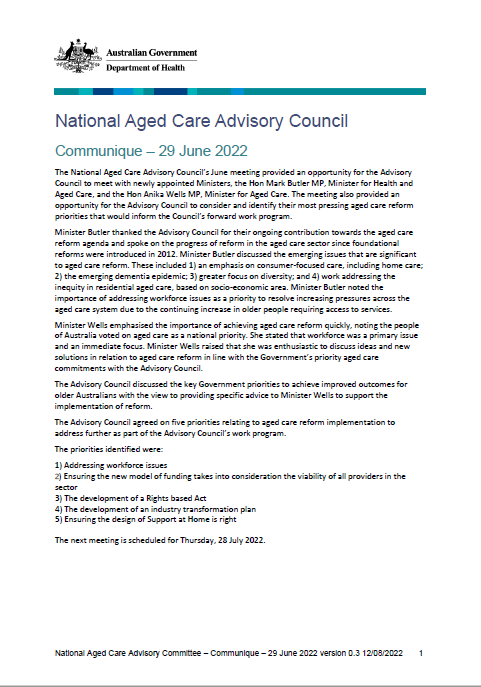 National Aged Care Advisory Council communique – June 2022 
