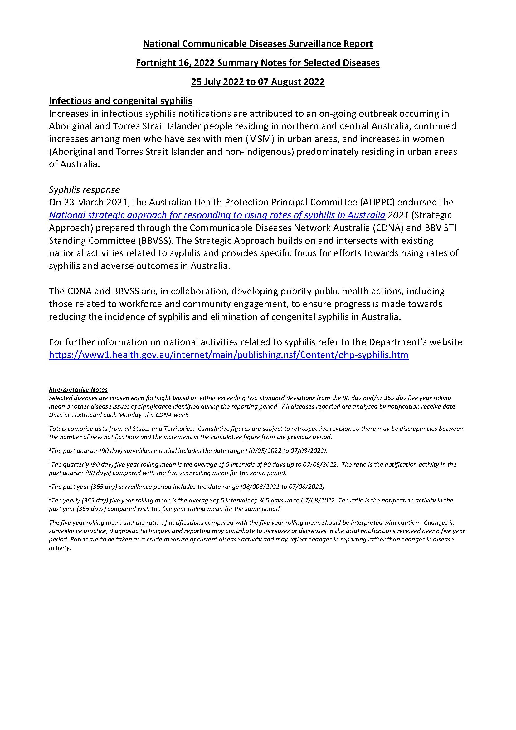 National Notifiable Diseases Surveillance System (NNDSS) fortnightly reports – 25 July to 07 August 2022