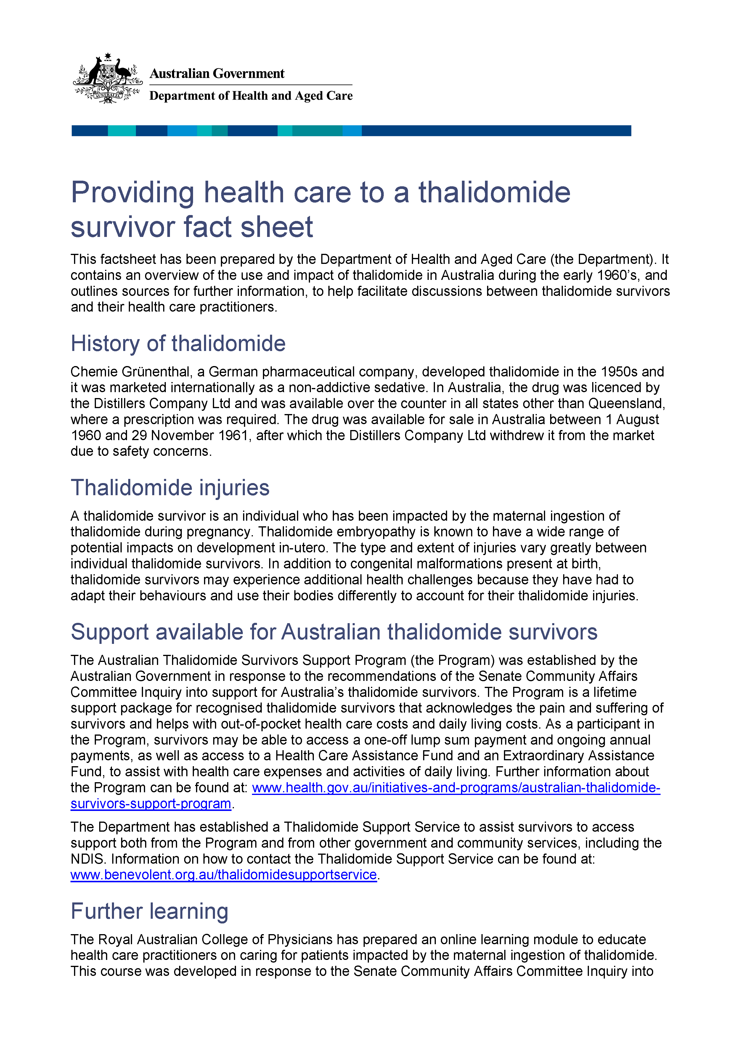 Providing health care to a thalidomide survivor fact sheet (2 August 2022)