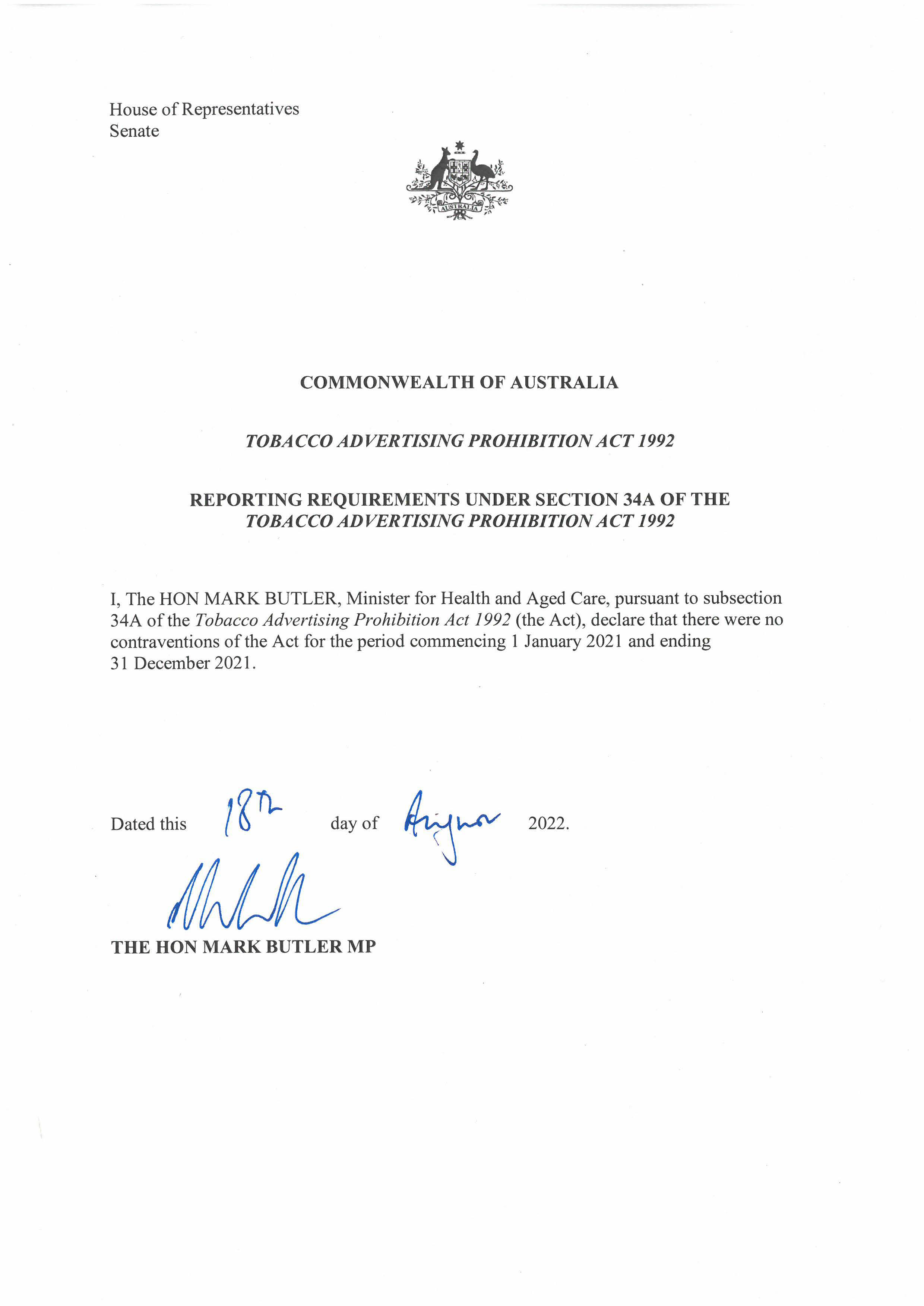 Reporting requirements under section 34a of the Tobacco Advertising Prohibition Act 1992 cover