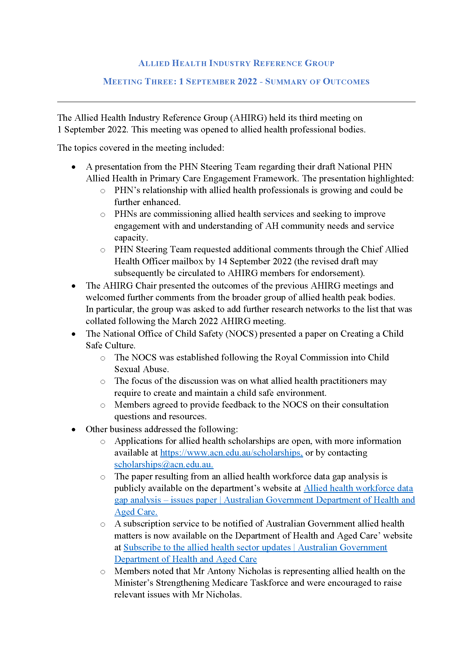 Allied Health Industry Reference Group – Summary of Outcomes – 1 September 2022