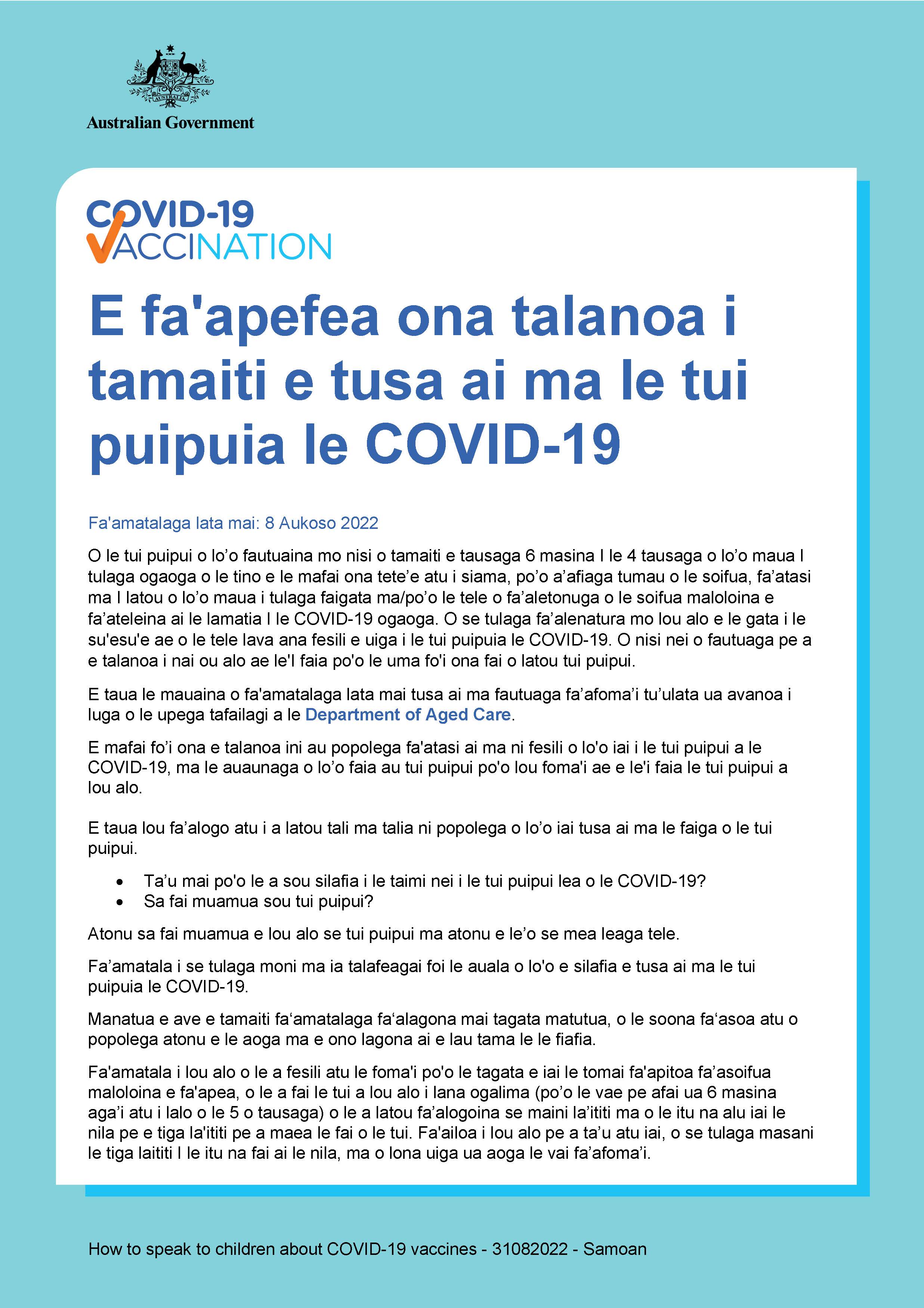 E fa'apefea ona talanoa i tamaiti e tusa ai ma le tui puipui a le COVID-19