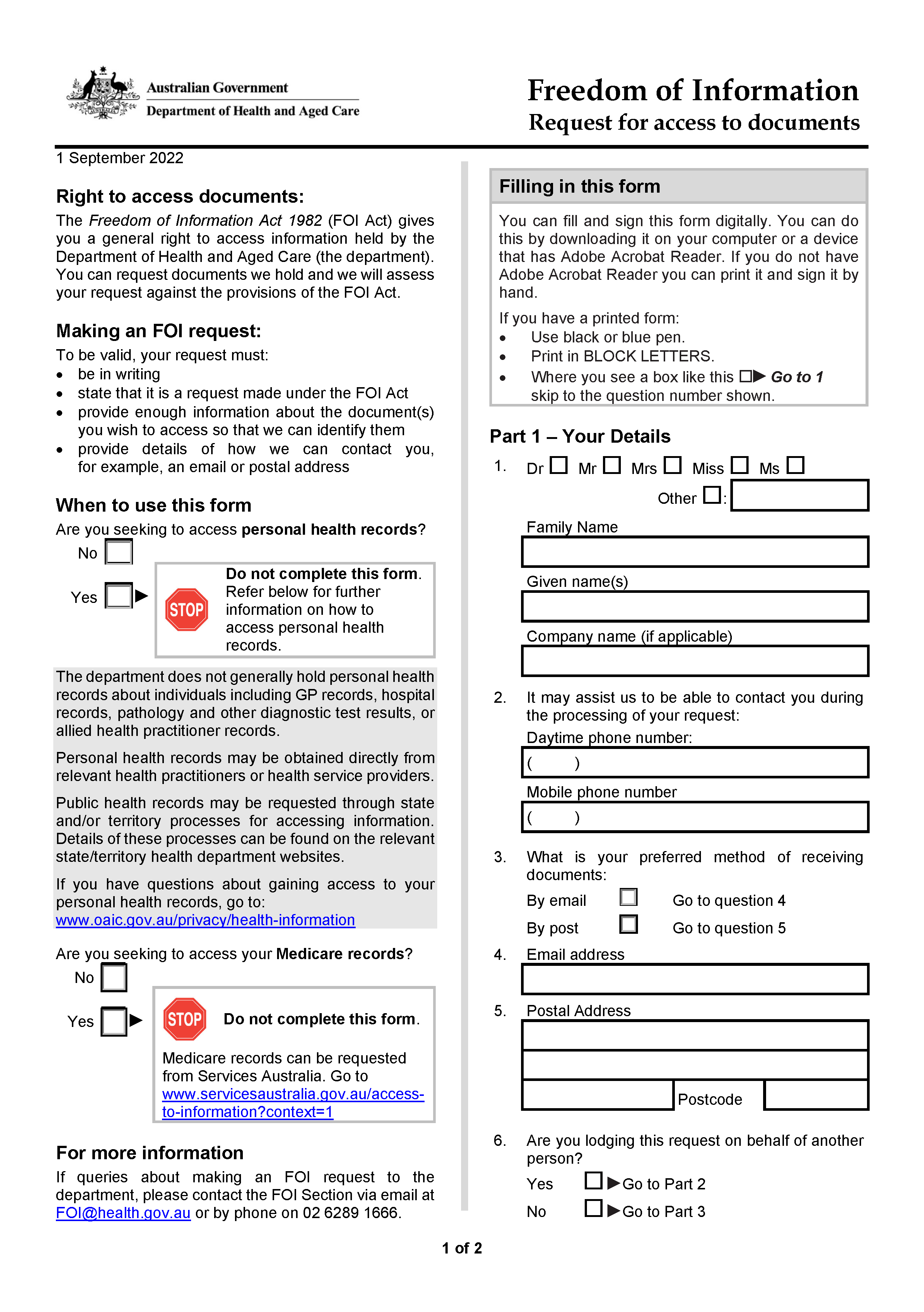 FOI Application Form – Department of Health and Aged Care cover