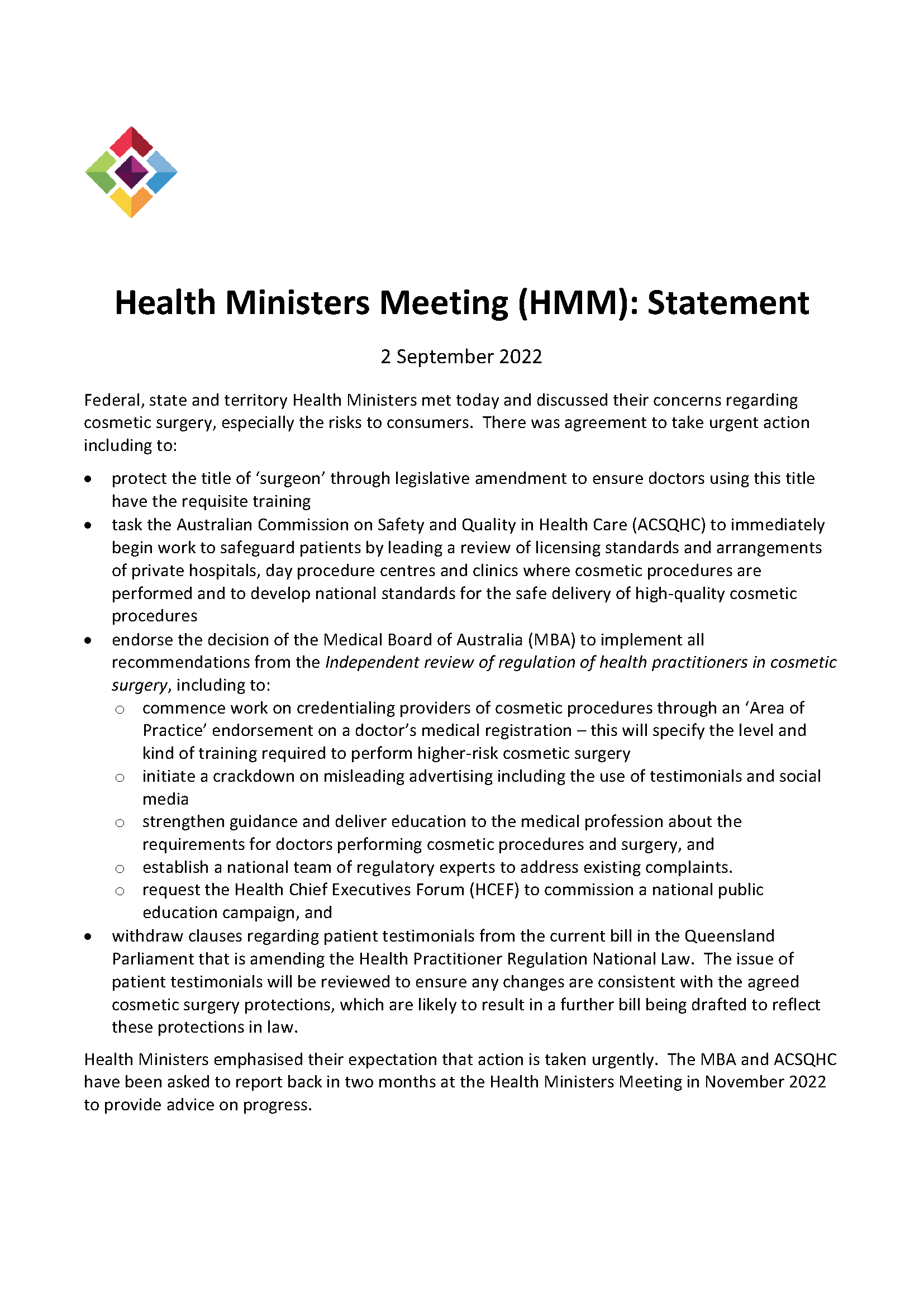 Health Ministers Meeting (HMM) statement (2 September 2022) cover
