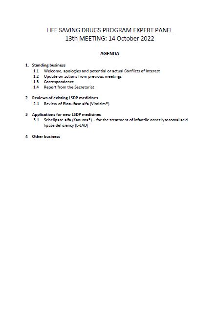 Life Saving Drugs Program (LSDP) Expert Panel meeting agenda – 14 October 2022