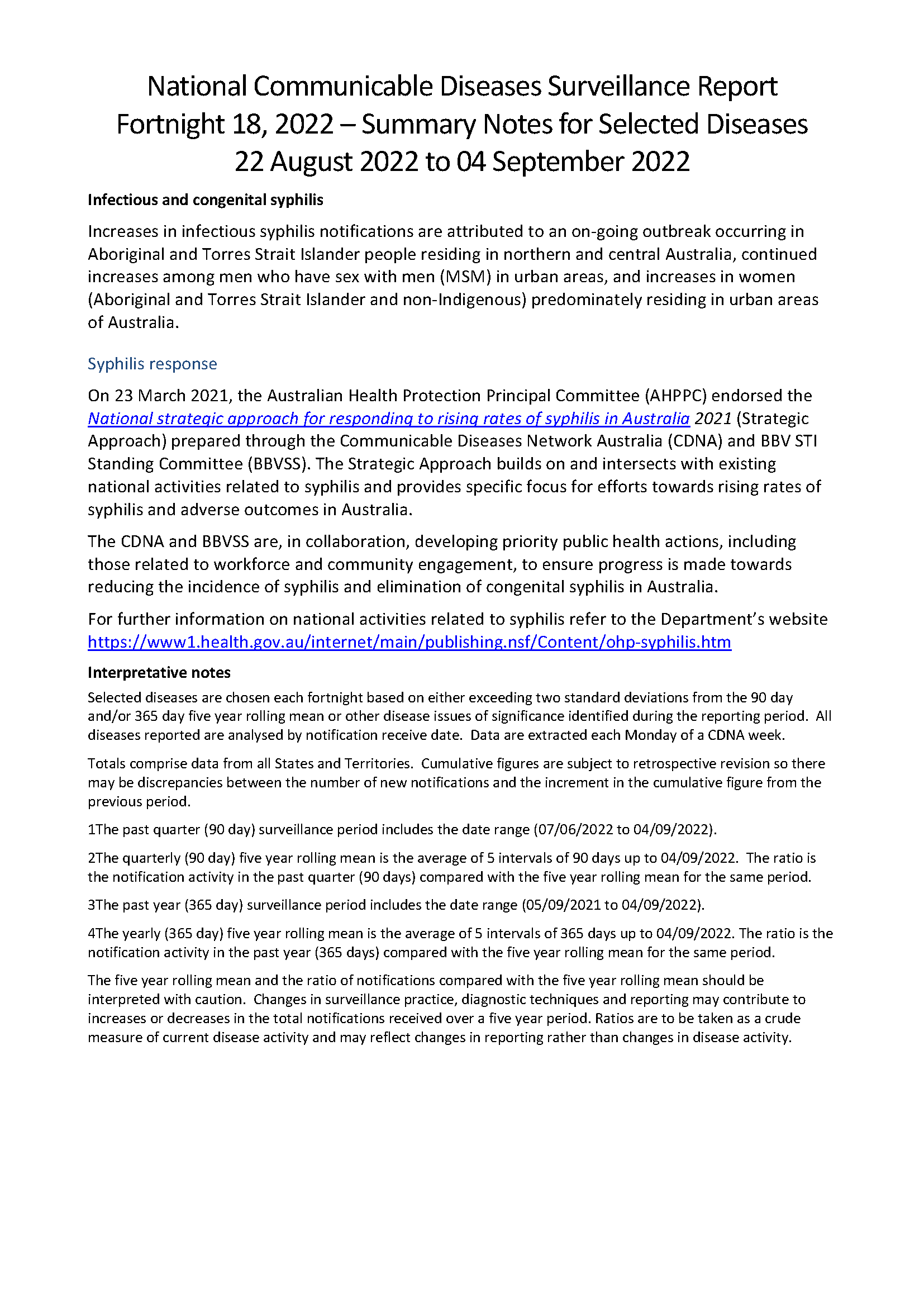 National Communicable Diseases Surveillance Report Fortnight 18, 2022 – Summary Notes for Selected Diseases 22 August 2022 to 04 September 2022