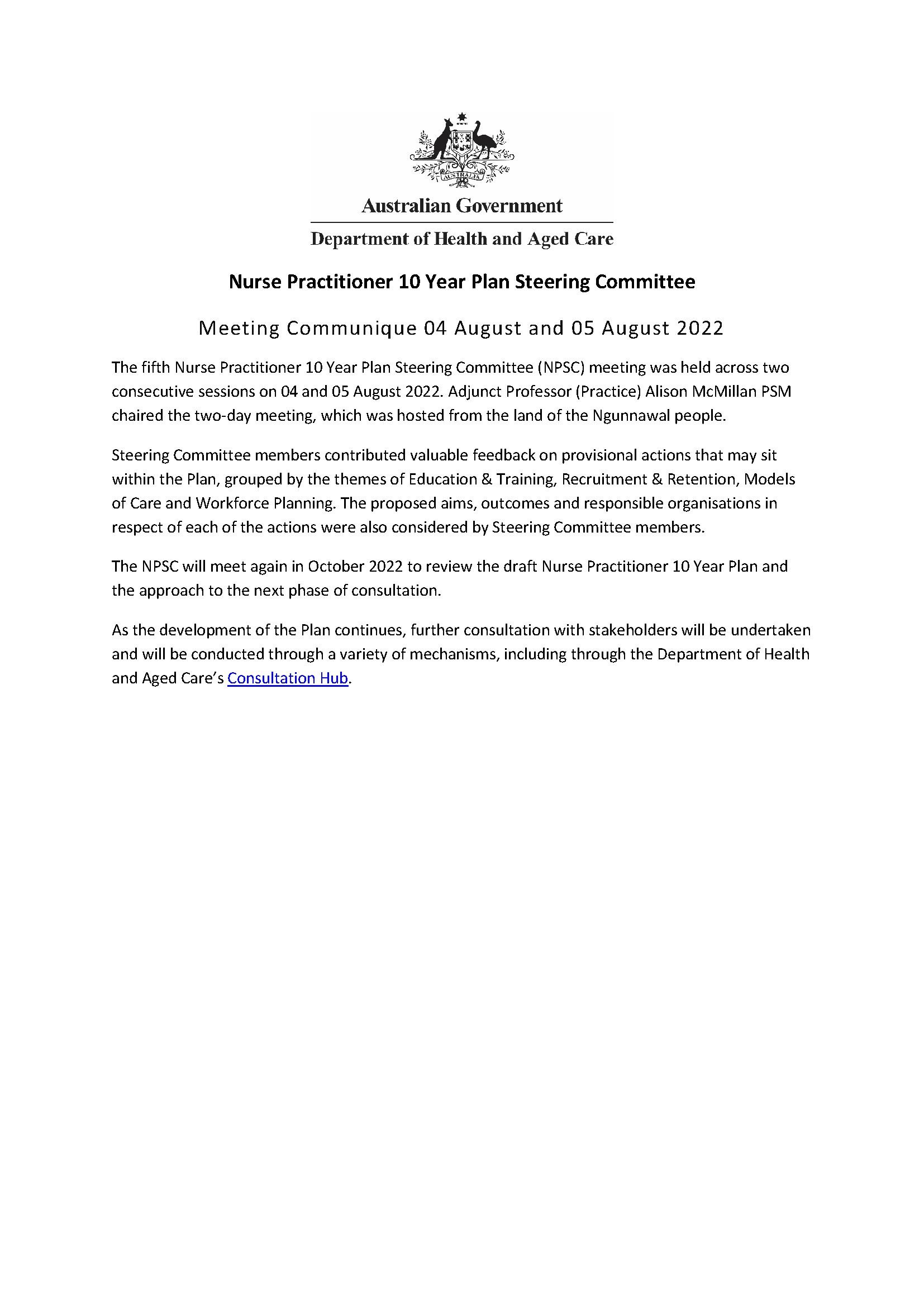 Nurse Practitioner 10 Year Plan Steering Committee – Meeting Communique 04 August and 05 August 2022 cover