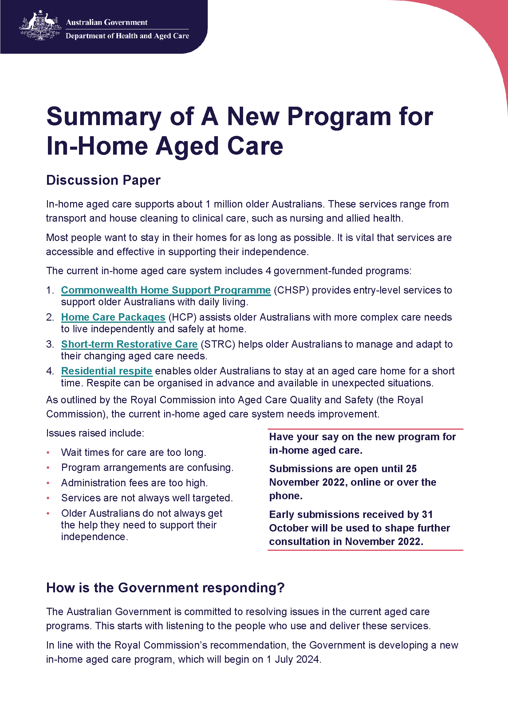 Cover pages from Overview of A New Program for In-Home Aged Care discussion paper