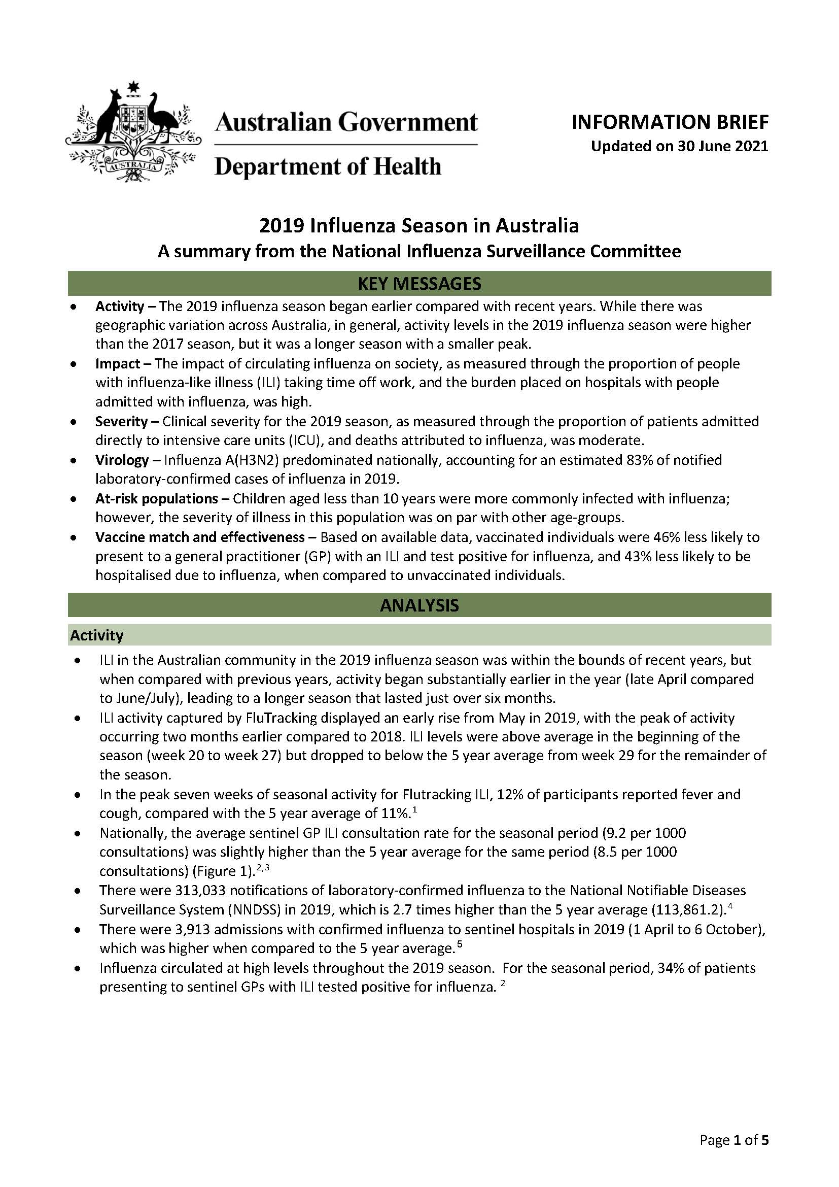 Cover image for Australian Influenza Surveillance Report – 2019 national influenza season summary