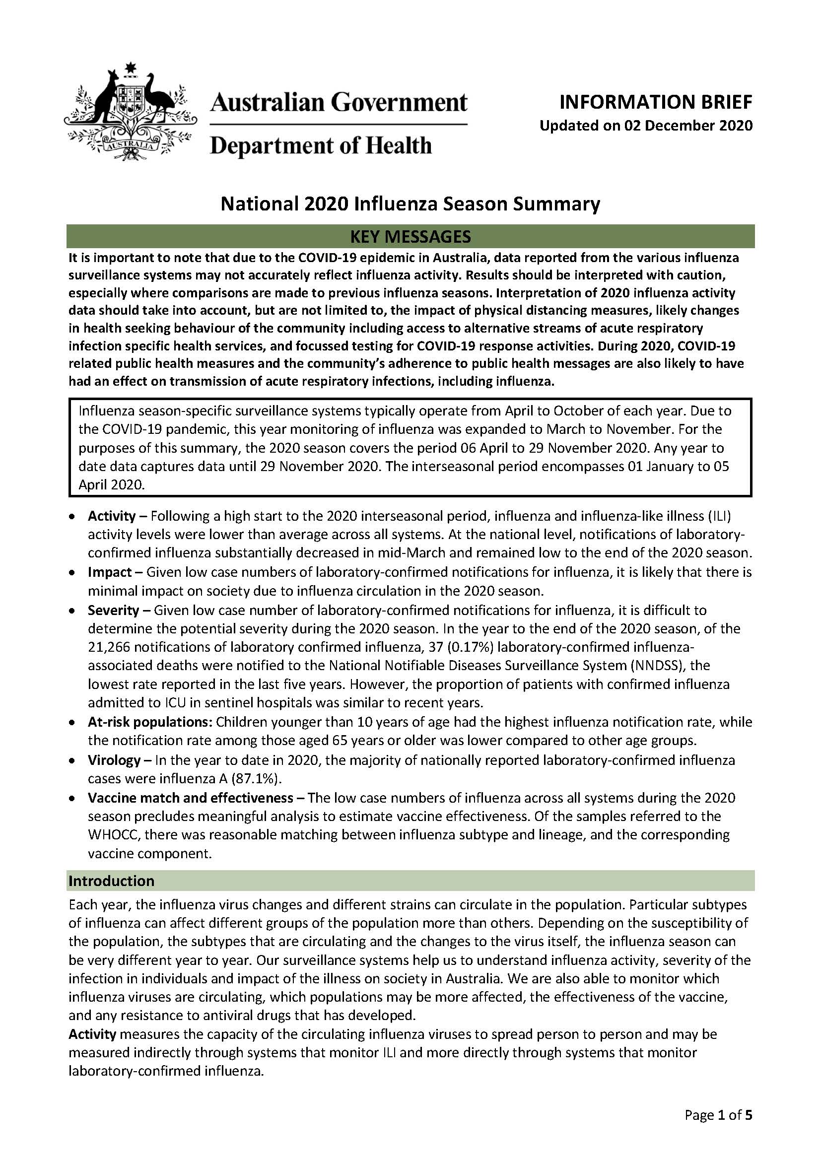 Cover image for Australian Influenza Surveillance Report – 2020 national influenza season summary