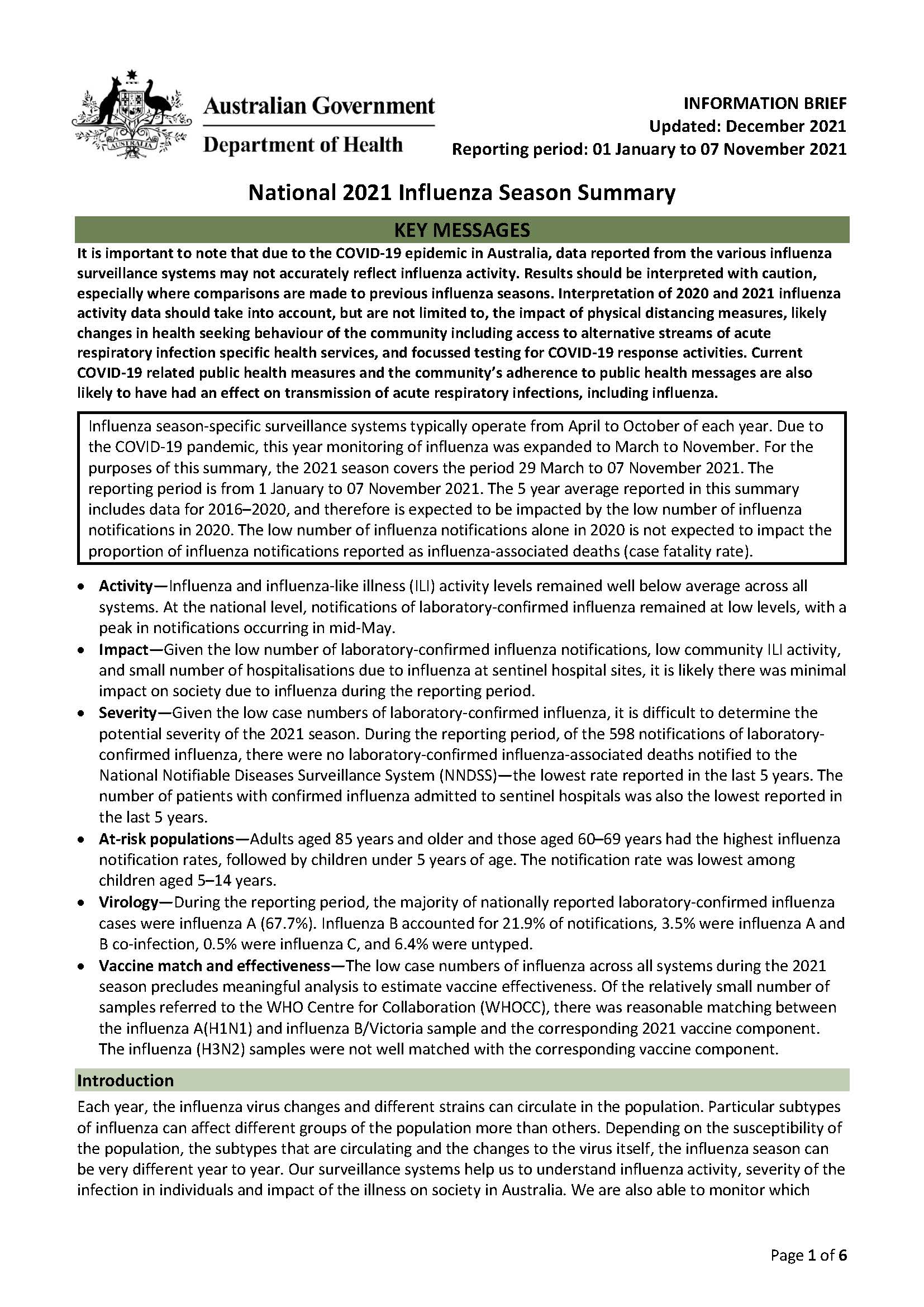 Cover image for Australian Influenza Surveillance Report –2021 national influenza season summary