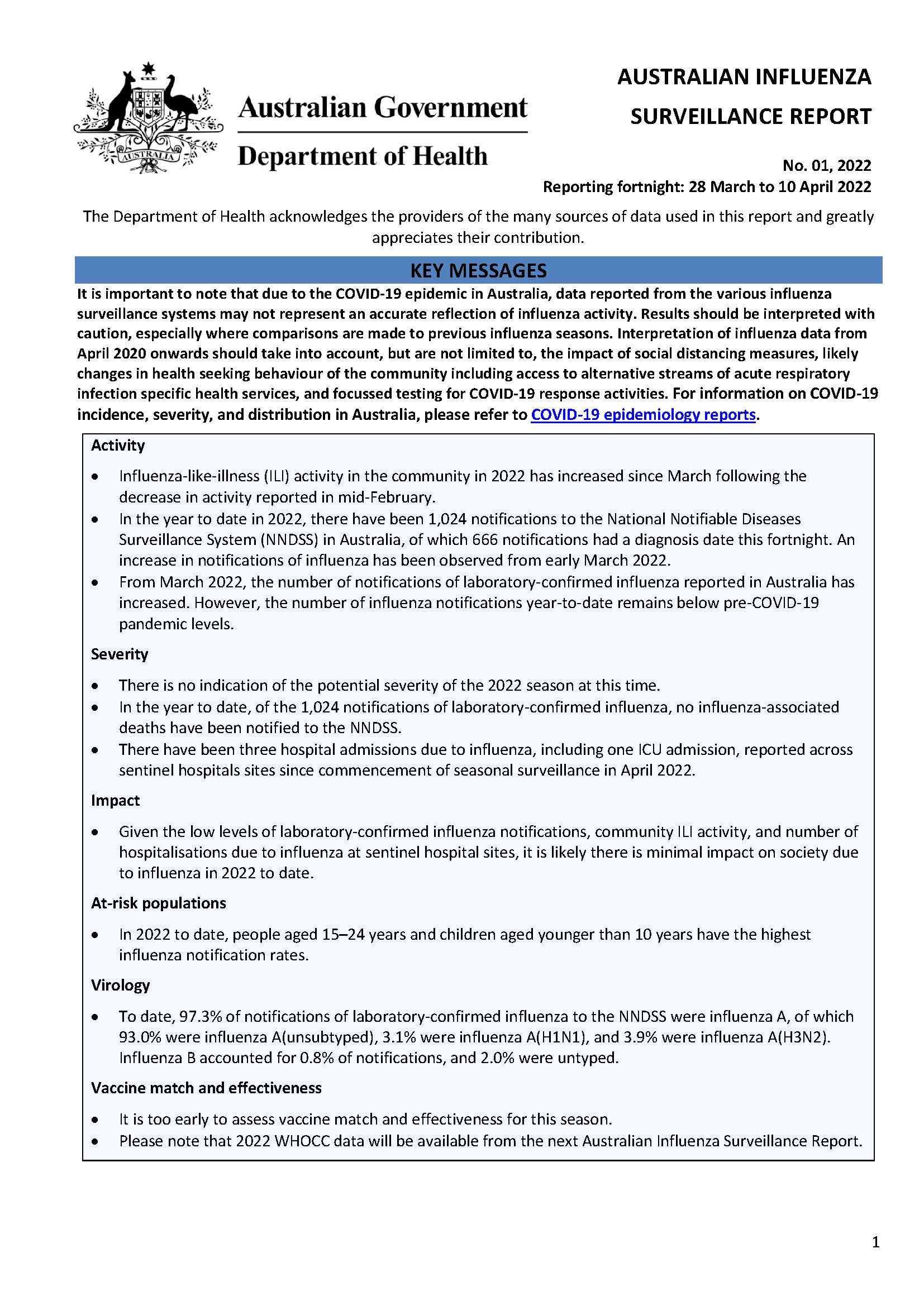 Cover image for Australian Influenza Surveillance Report 1 2022