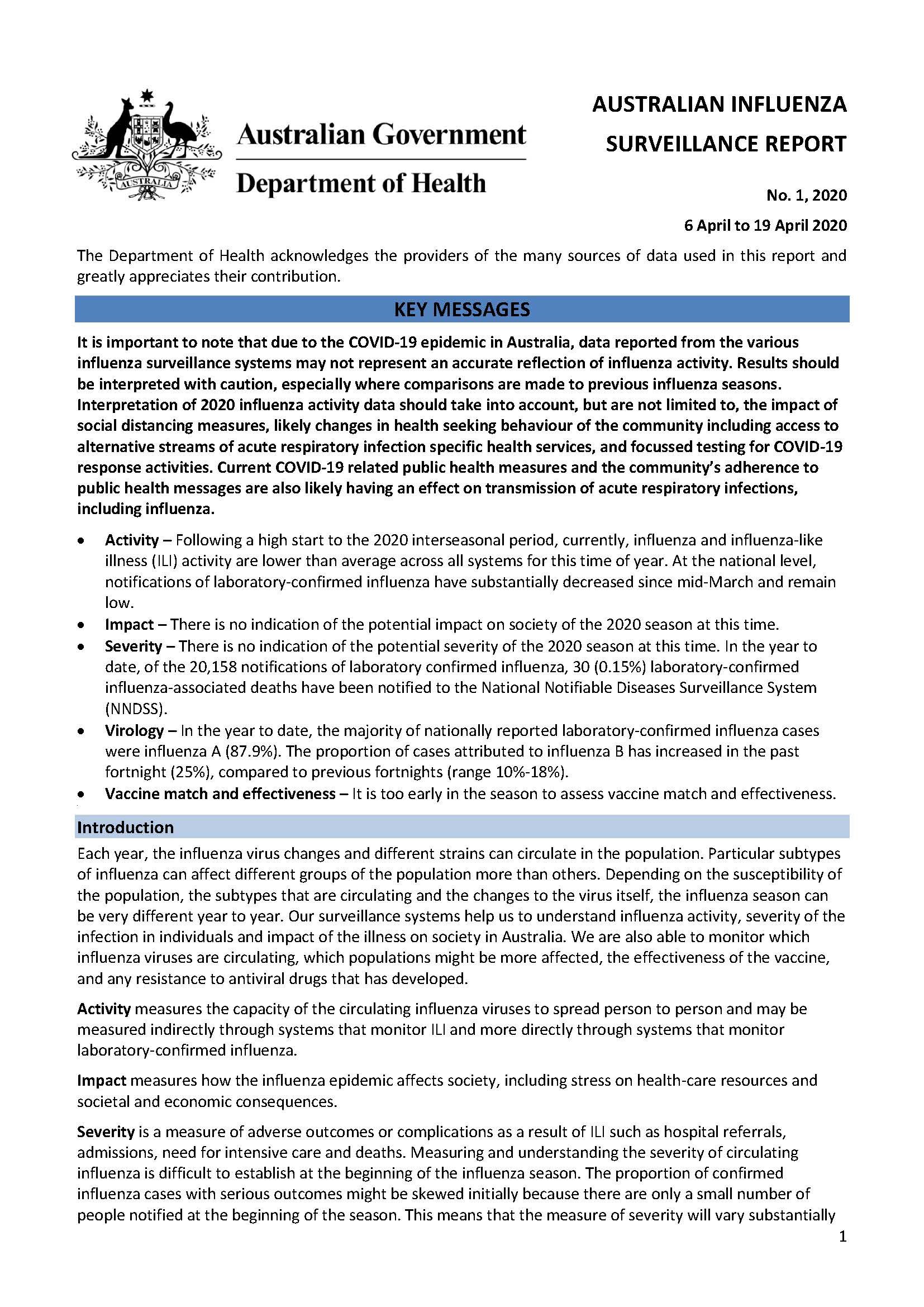Cover image for Australian Influenza Surveillance Report 1 2020
