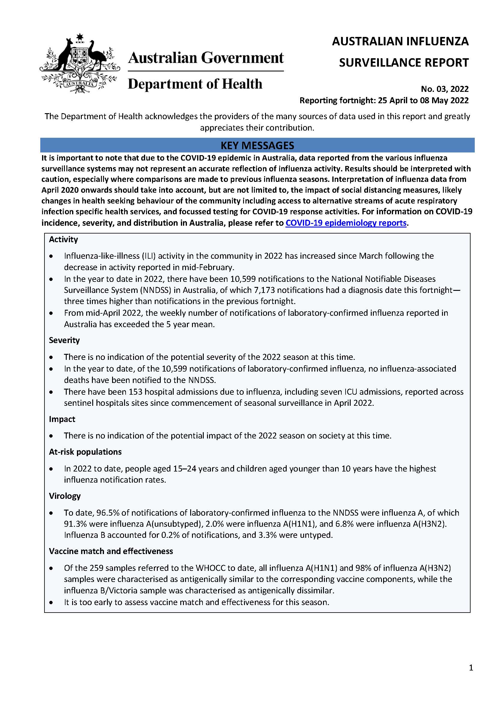 Cover image for Australian Influenza Surveillance Report 3 2022
