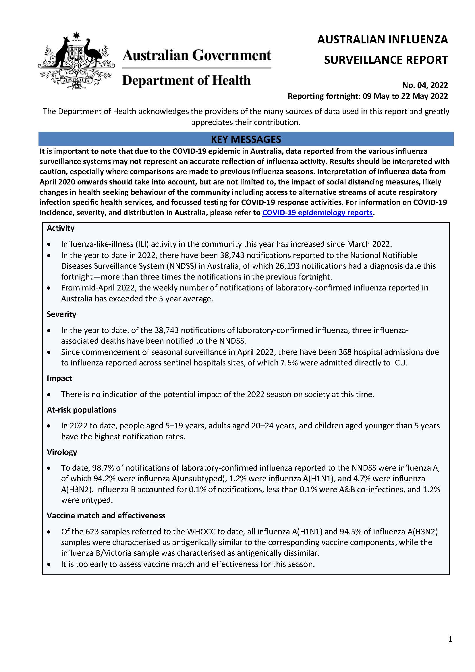 Cover image for Australian Influenza Surveillance Report 4 2022
