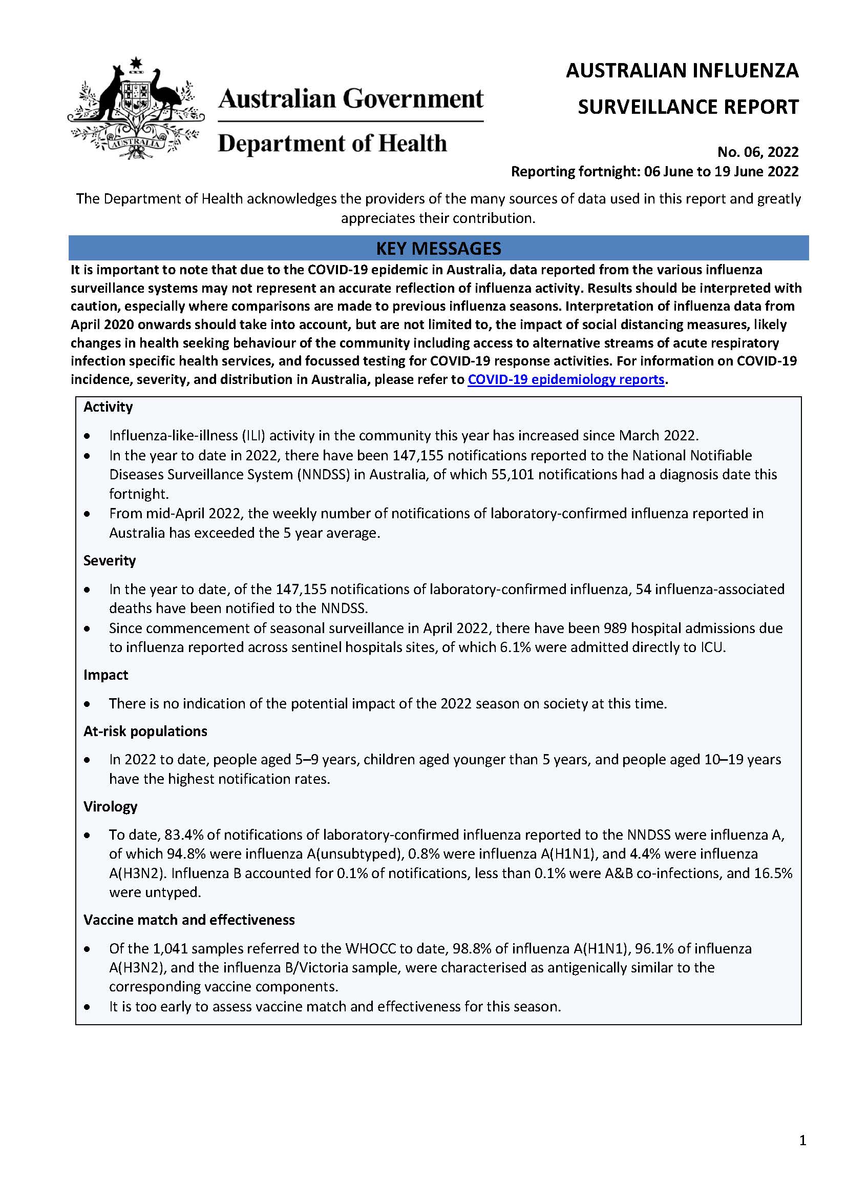 Cover image for Australian Influenza Surveillance Report 6 2022