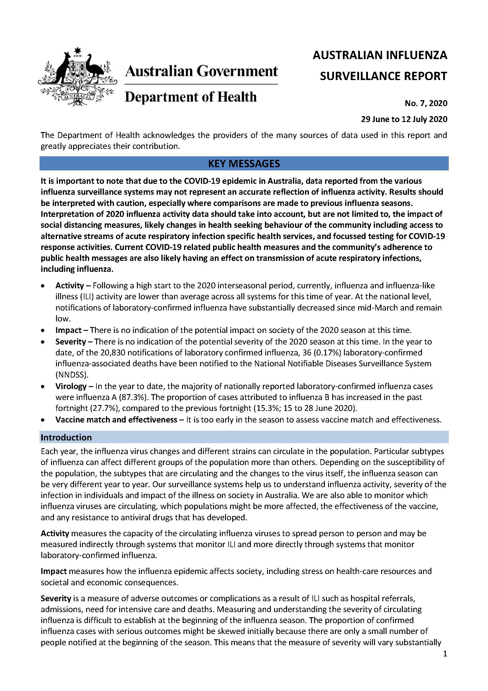 Cover image for Australian Influenza Surveillance Report 7 2020