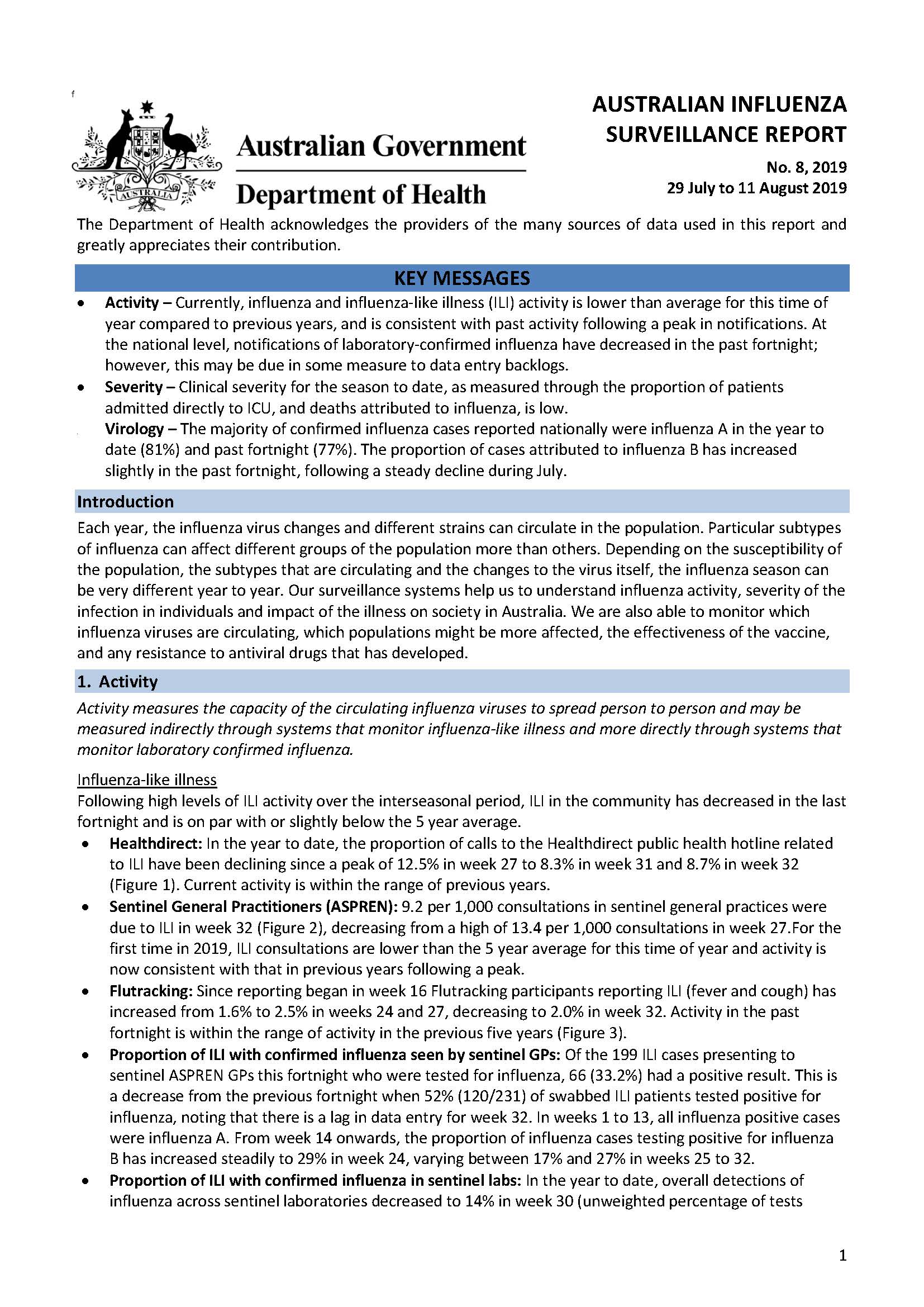 Cover image for Australian Influenza Surveillance Report 8 2019