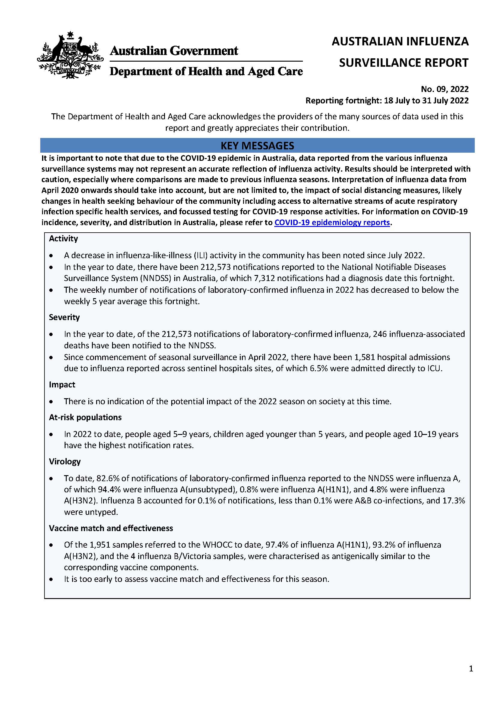 Cover image for Australian Influenza Surveillance Report 9 2022