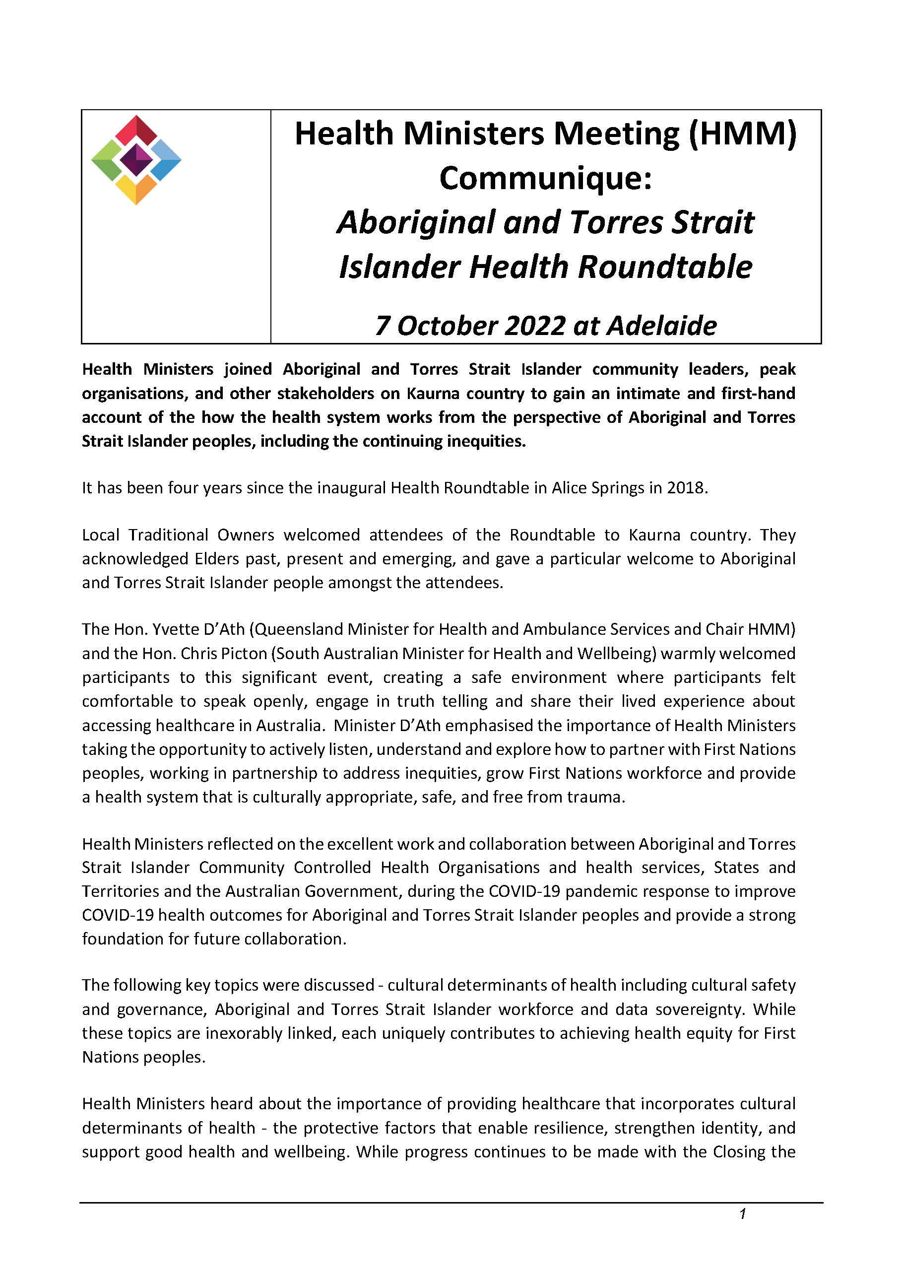 Cover image for Health Ministers' Meeting communique – 7 October 2022 – Aboriginal and Torres Strait Islander roundtable